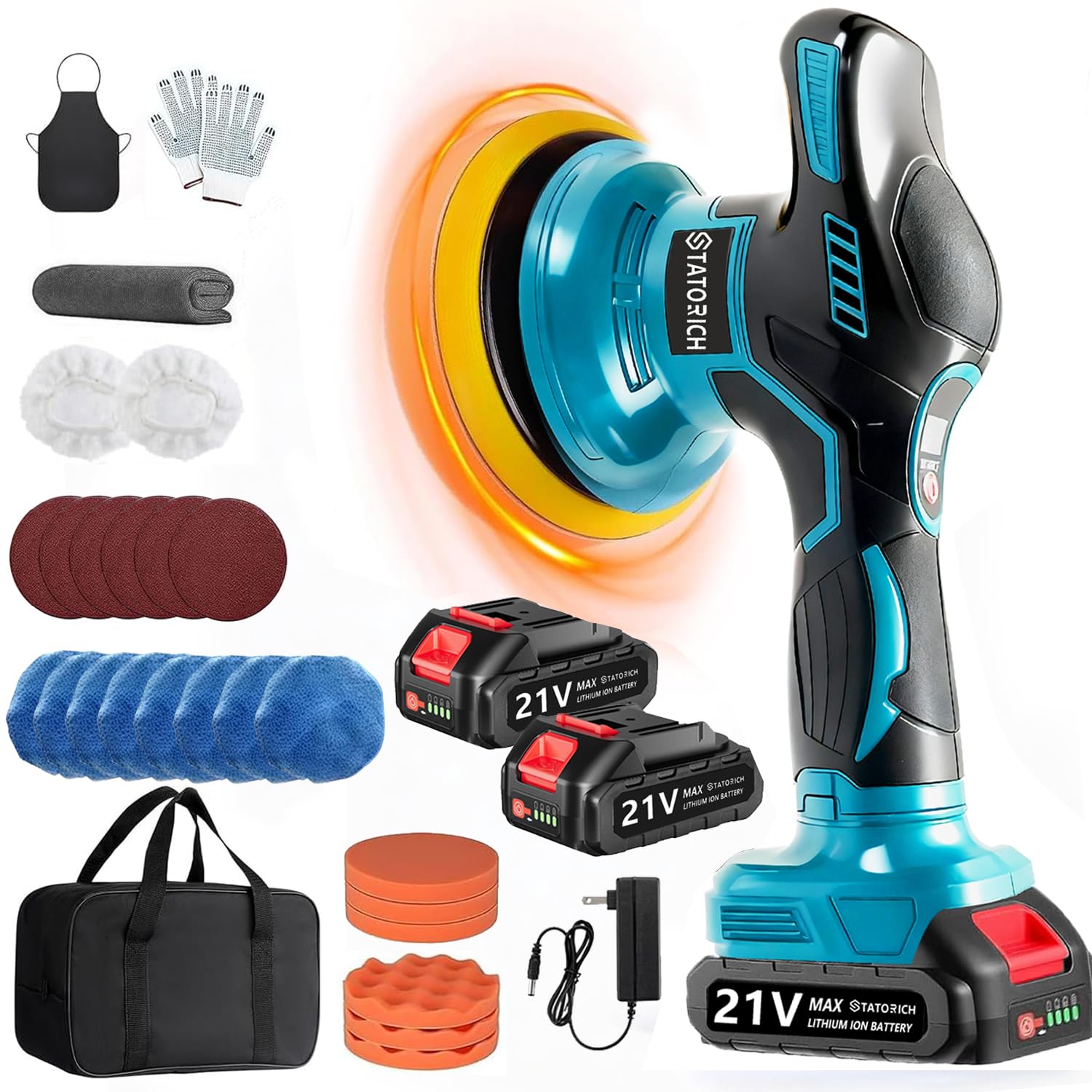 Akku Poliermaschine Auto für Makita 18V,150mm Exzenterpolierer mit 2×21V 2000mAh Batterien, 27-tlg Polierset, 6 Geschwindigkeiten bis 5500RPM, Kabellose Auto poliermaschinen, polishing machine