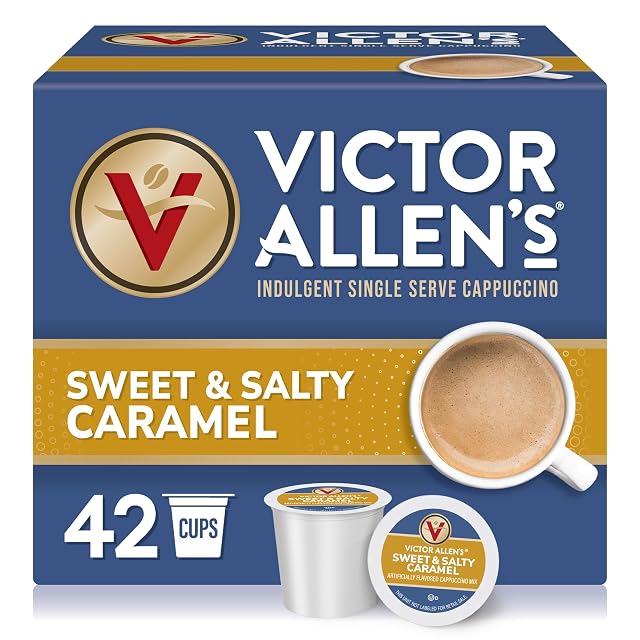 Victor Allens Coffee Sweet and Salty Caramel Flavored Cappuccino Mix 42 Count Single Serve K-Cup Pods for Keurig