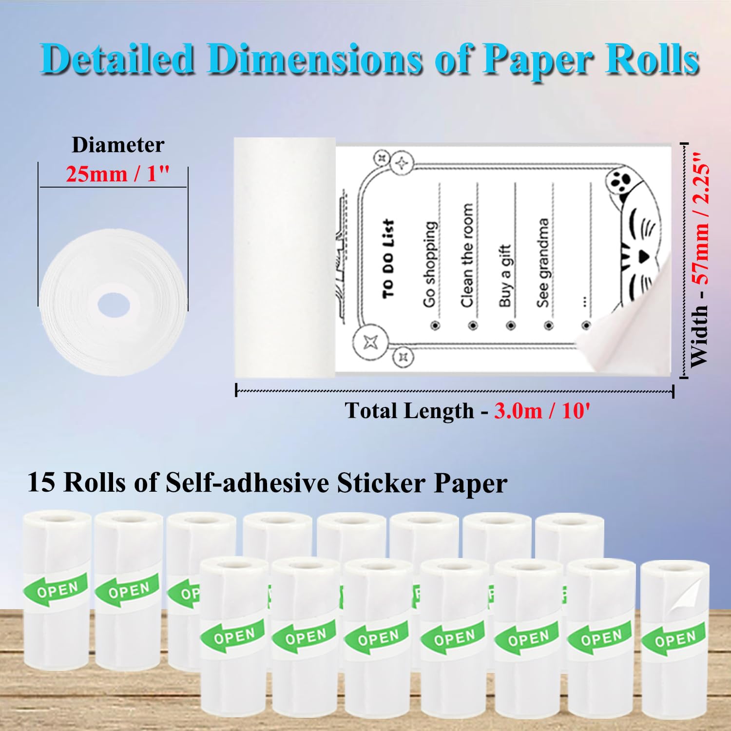 15 rollos de papel adhesivo para mini impresora, papel adhesivo térmico para mini impresora, papel autoadhesivo para mini impresora, 57 x 25 mm, compatible con la mayoría de mini impresoras