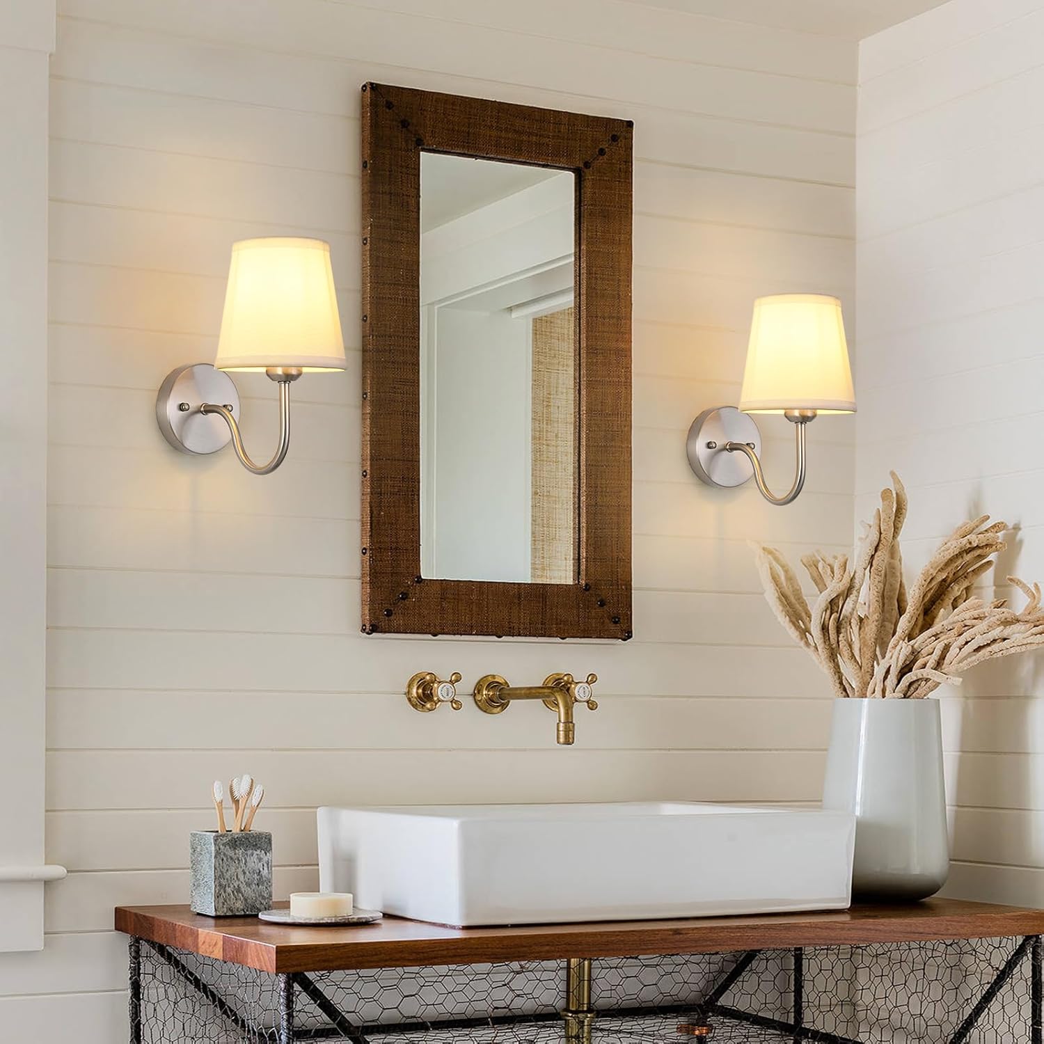 Wall Sconce Set of 2, Brushed Nickel Bathroom Vanity Sconces Wall Lighting, Indoor Wall Lights with Light Beige Fabric Shades, Wall Mounted Lamps for Bedroom Living Room Hallway