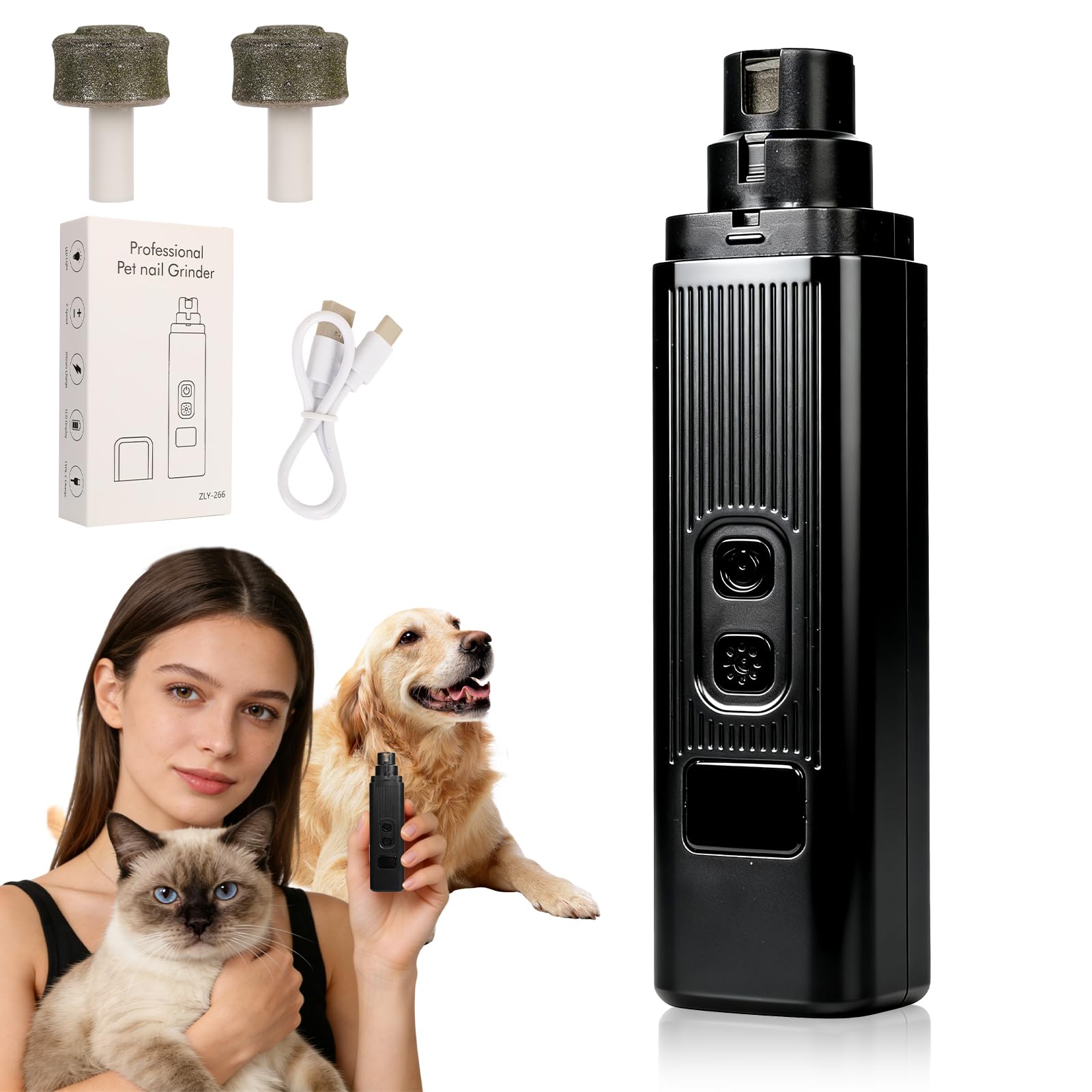 Cat Nail,2-Speed Electric Pet Nail Grinder, Safe Cut Cat Nail Trimmer Rechargeable Dog Nail Clippers with Light, Cat Nail Claw Clippers,Low-Vibration Ultra-Quiet for All Cats ＆Dogs (Black)