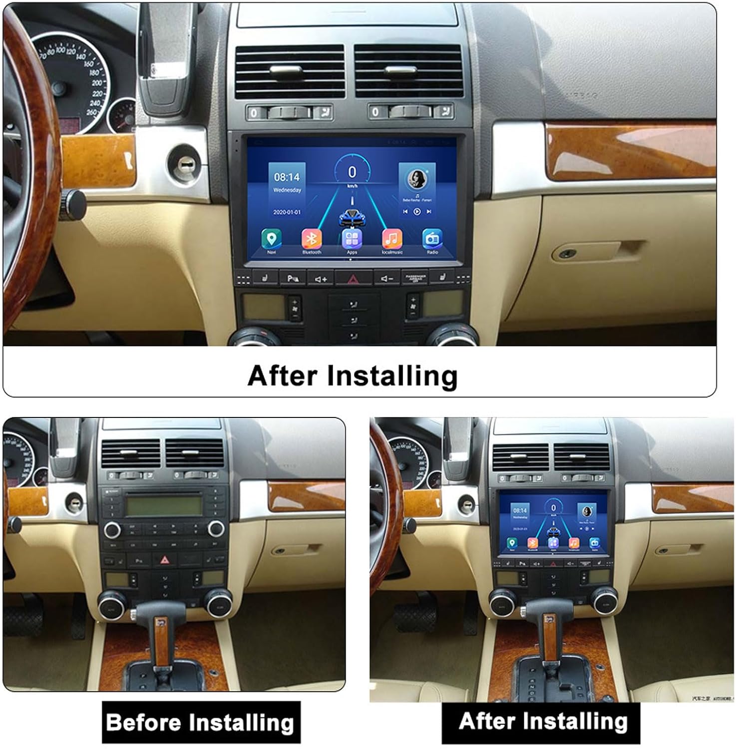Before and after installation of the EsaSam car radio in a VW Touareg dashboard.