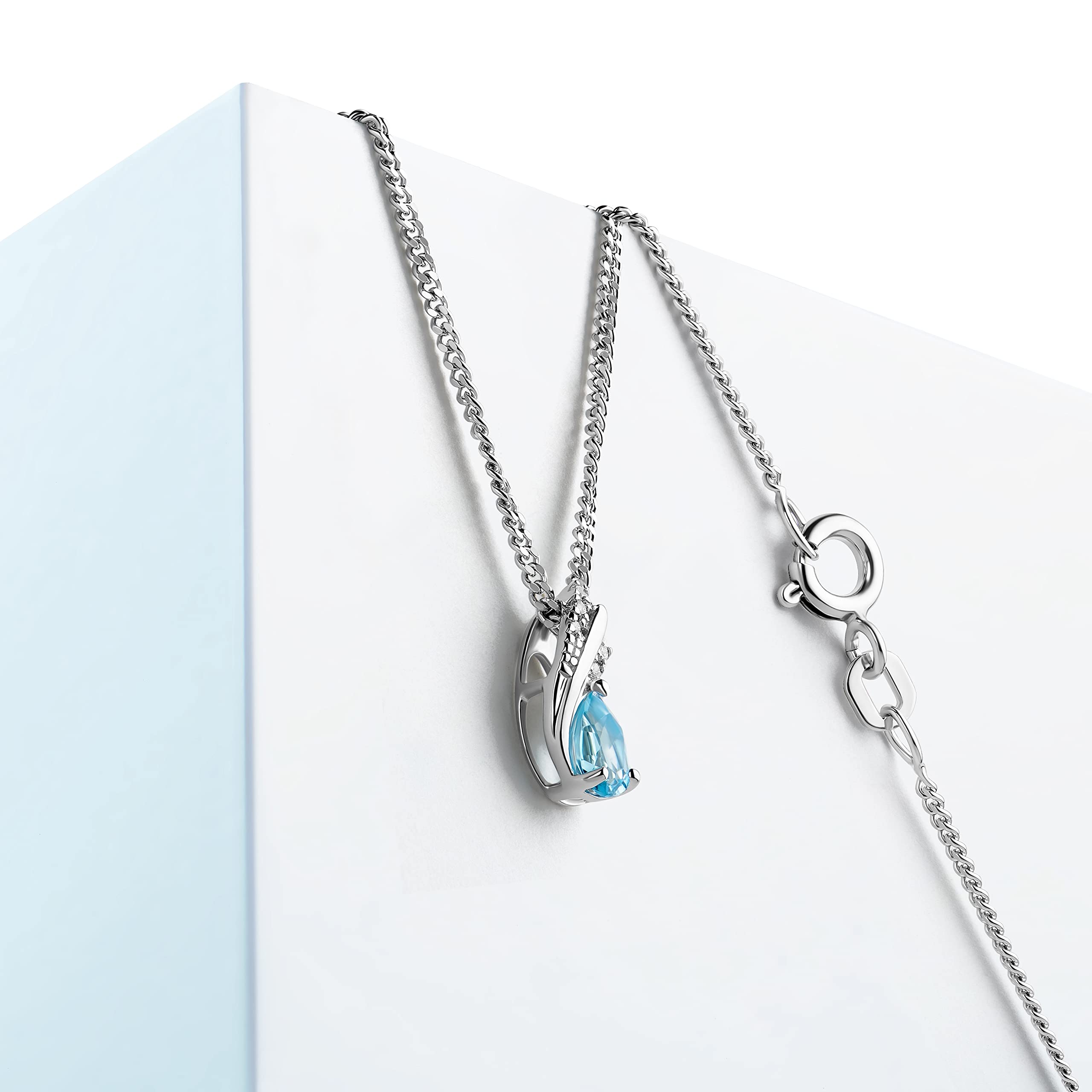 Miore Collana con Pendente da Donna in Oro Bianco 9K con Topazio Blu e Diamanti, Taglio Brillante, 45 cm