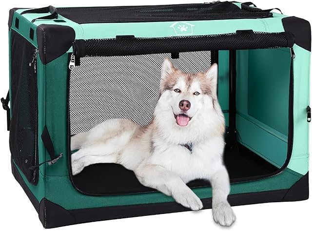 Ownpets 4 Door Folding Dog Crate,Unfolded dimension L&M Size Portable Pet Crate with Strong Steel Frame for Dogs & Cats, Detachable Soft Indoor & Outdoor Kennel