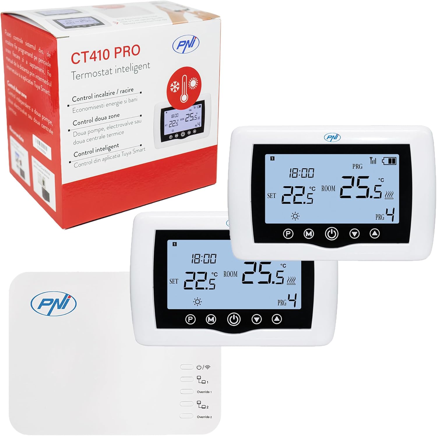 PNI CT410 PRO Smart Thermostat package contents including two central units, one receiver unit, and mounting accessories.