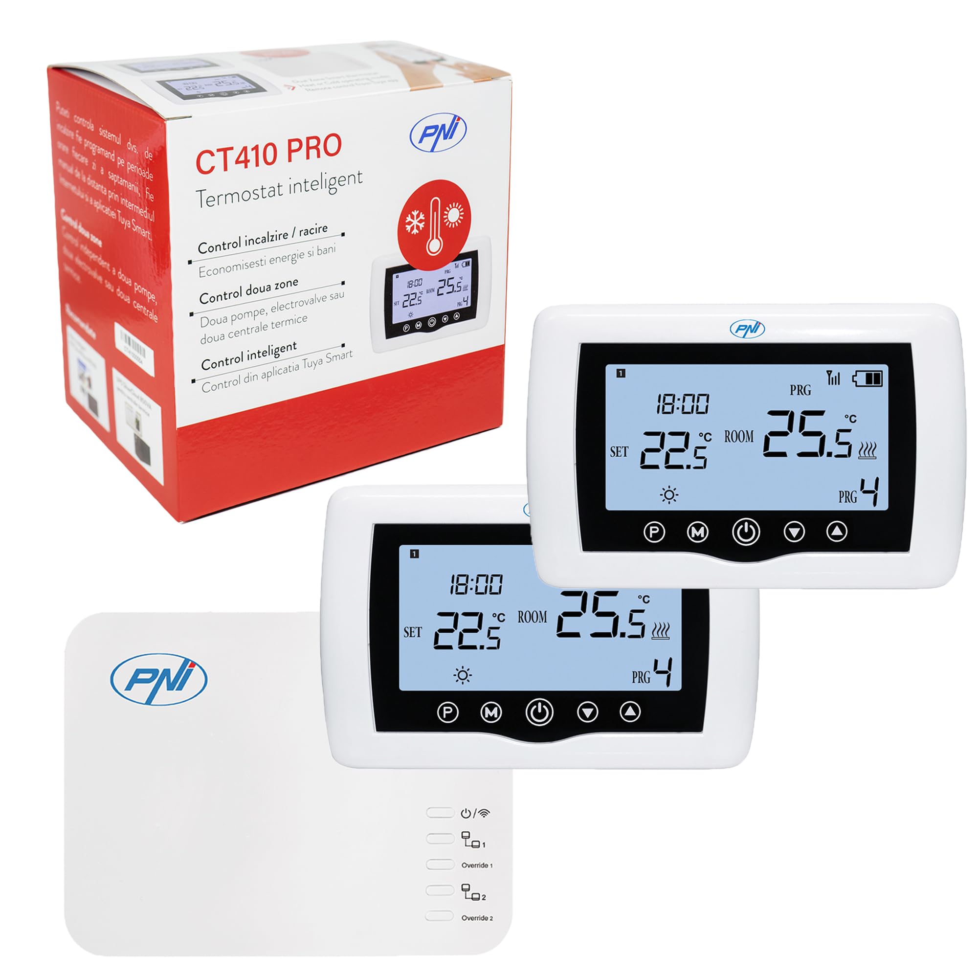 Termostato Inteligente PNI CT410 Pro inalámbrico, con Wi-FI, Control de 2 Zonas vía Internet, para Sistemas de calefacción, Bombas, electroválvulas, TuyaSmart App, histéresis 0,2 Grados C