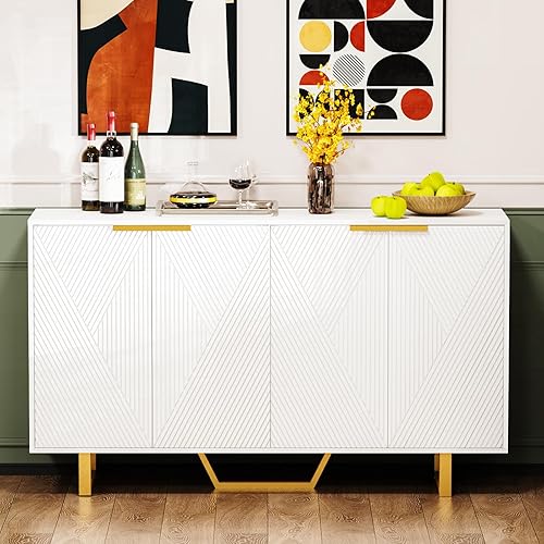 Buffet Cabinet with Storage, Freestanding Sideboard Cabinet with 4 Doors, Modern Storage Accent Cabinet for Living Room, Entryway, Kitchen, Dining Room, White…