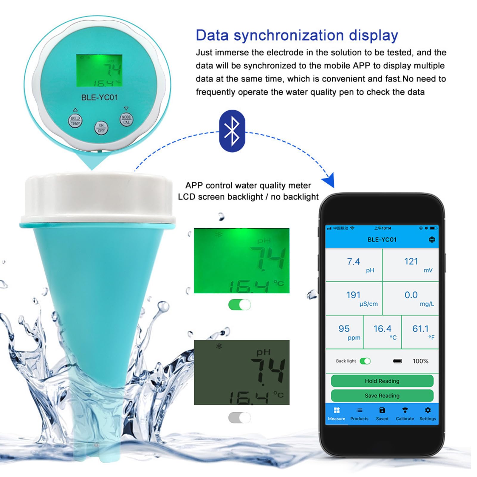Tester wody w basenie z Bluetooth, cyfrowy miernik pH/EC/zasolenia/ORP/temperatury/chloru 6 w 1, analizator jakości wody, do basenów wanny z hydromasażem, kąpiele spa