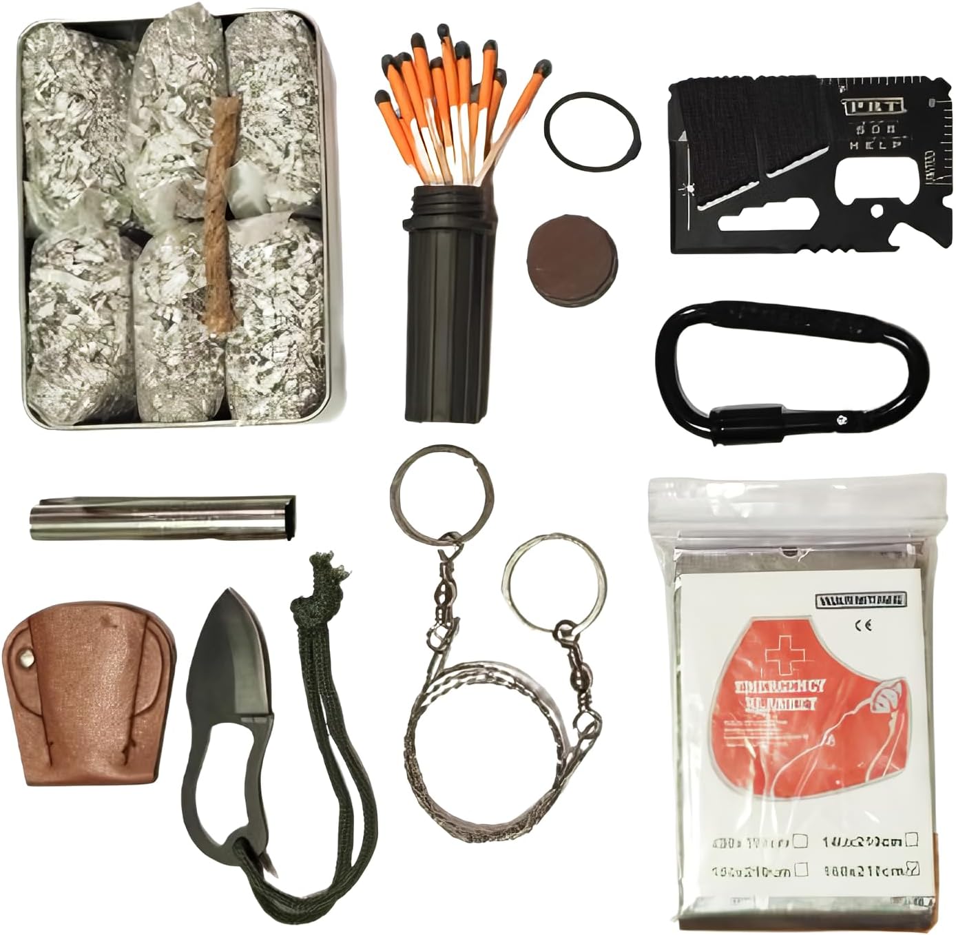 Emergency Fire Starter Magnesium 6 Bags Weather Proof Matches Camping Hiking Bushcraft+1 of Free Tin Box (Mg+Matches+Tool+Saw+Knife+Wax+ DClip+Blanket)