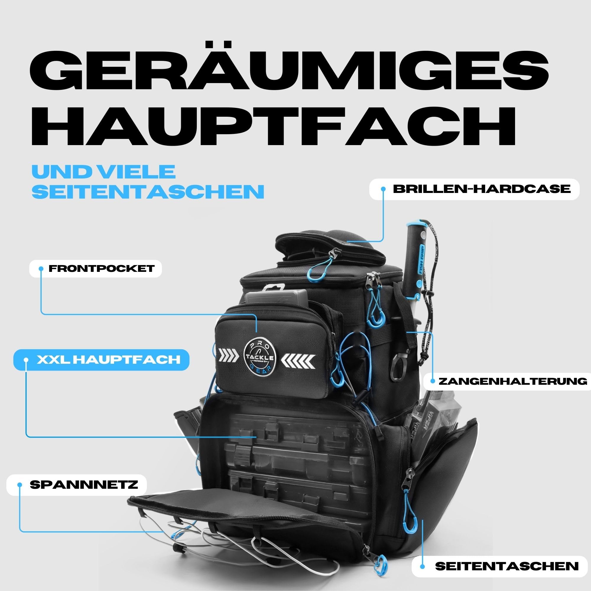 Pro Tackle STRIKE Bagpack – Robuster Angler Rucksack aus 420D Oxford Nylon, 2 Hauptfächer, Fronttasche, Seitentaschen, Brillencase, für Outdoor & Angeln – Schwarz