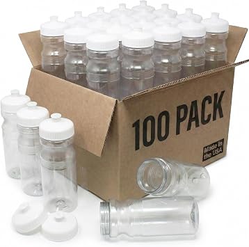 Rolling Sands Reusable Bulk Water Bottles 100 Pack - 24 Oz Sports Water Bottles, USA Made, BPA-Free, Wide Mouth for Easy Cleaning, Break Resistant - Translucent Clear Bottle/White Lid