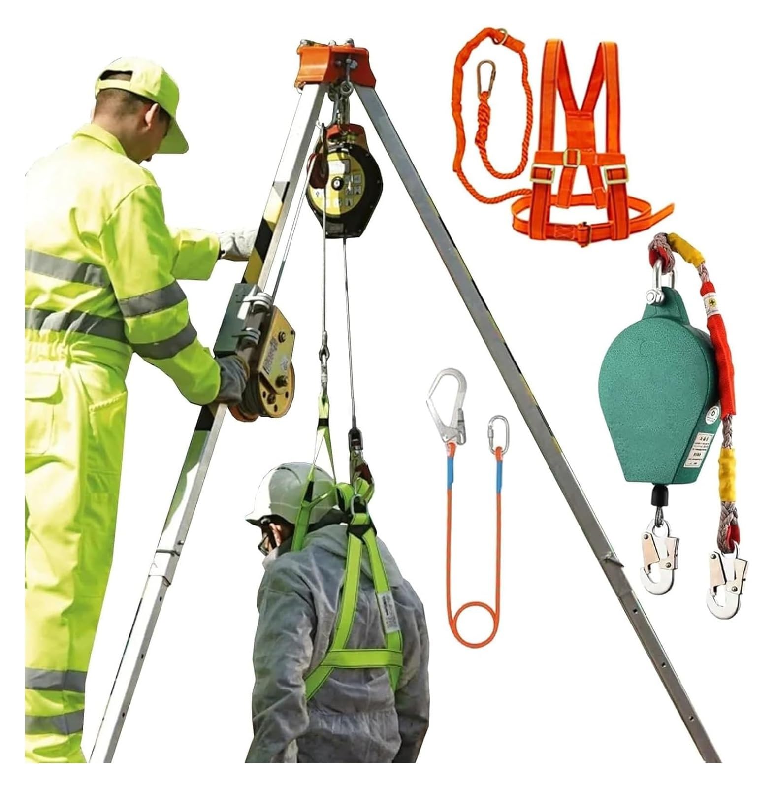 Confined Space Rescue Tripod Kit - 2600 lbs Winch, 10m Fall Protection Safety Harness, Lifting & Rescue Gear for Industrial Work, High Altitude & Well Safety