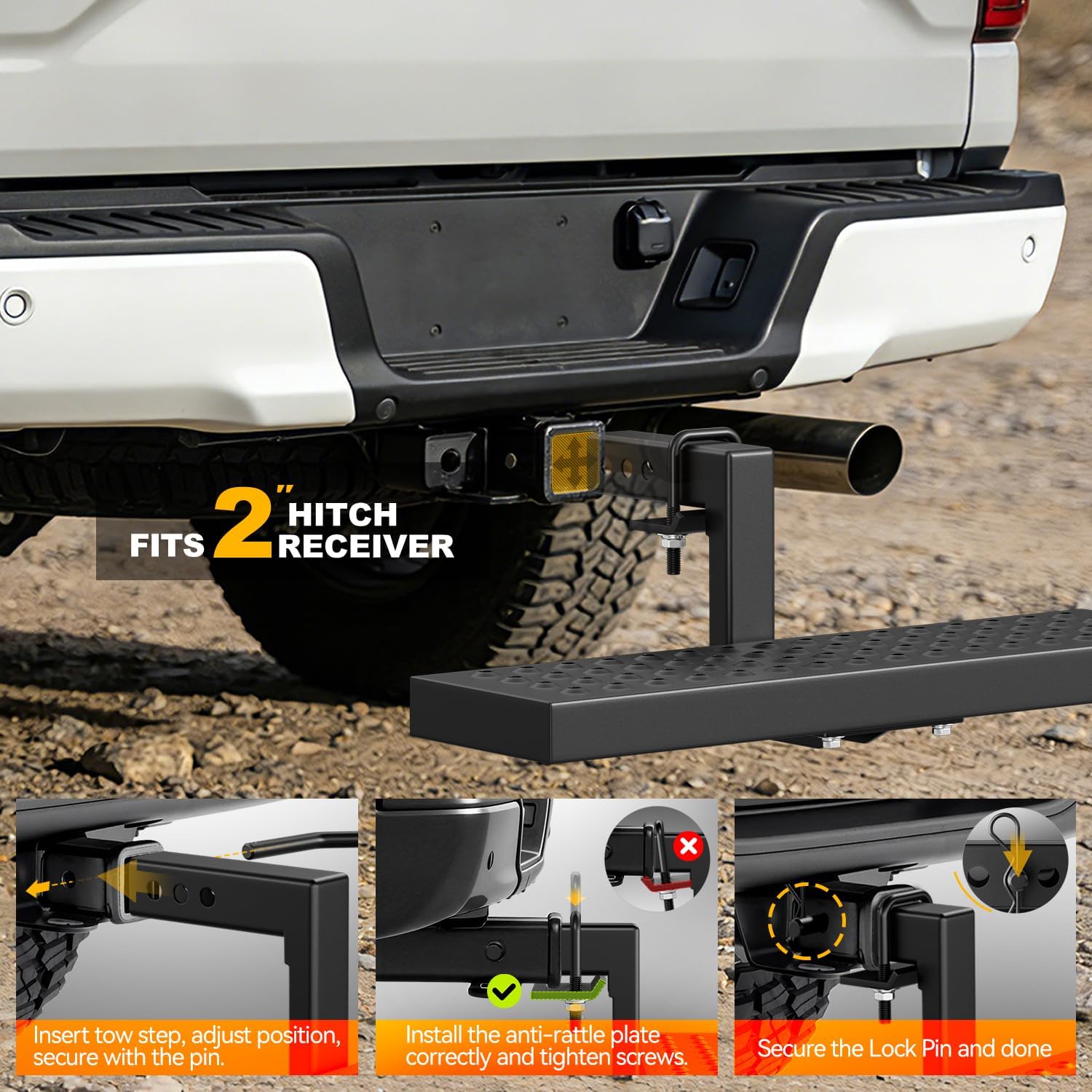 PM PERFORMOTOR 2" Tow Hitch Receiver, Lowered Rectangular Style Hitch Step Bar Board, Adjustable Non Slip Rear Bumper Guard & Bed Access Step with Anti-Rattle Plate, Matte Black, 350Lbs Load Capacity