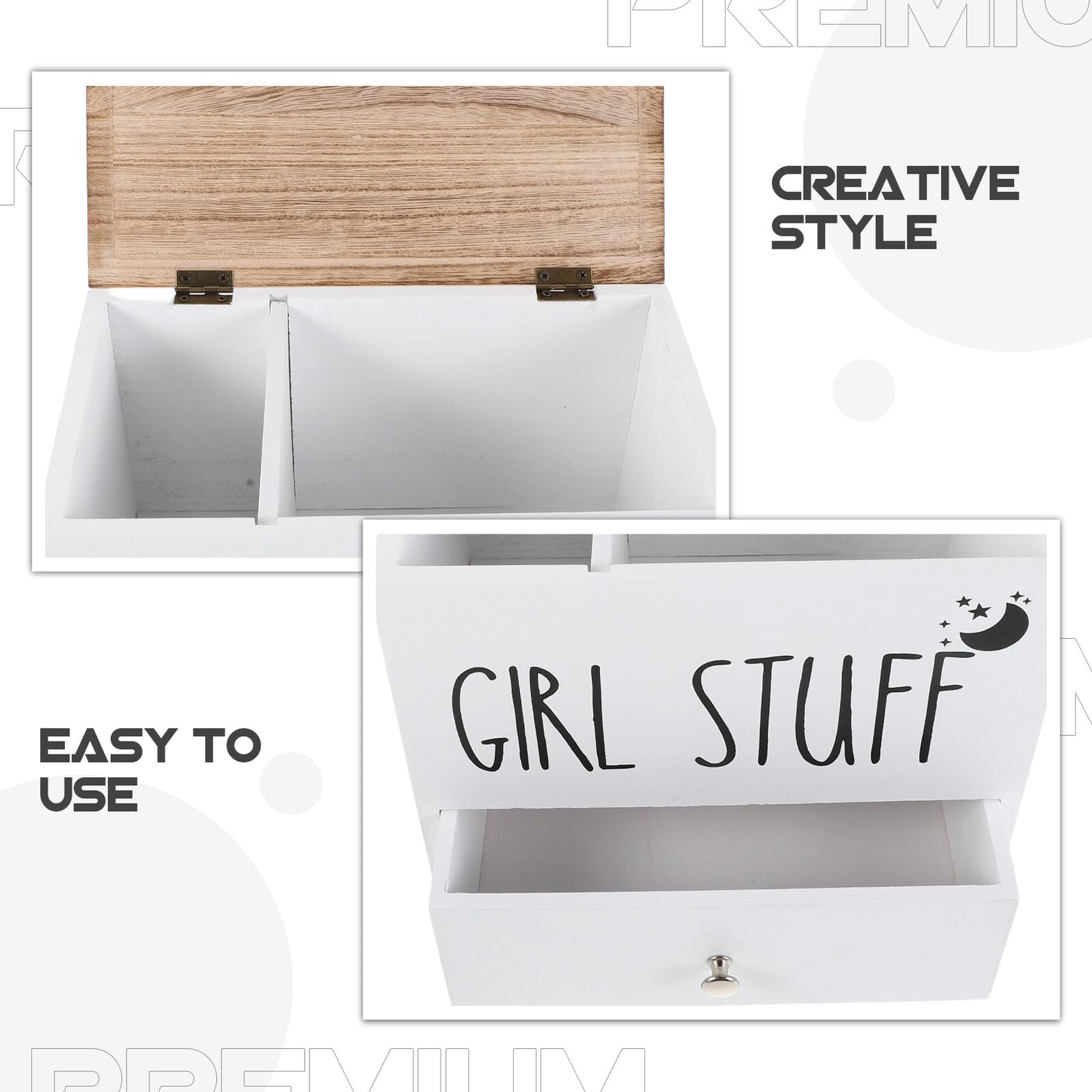 Porta Assorbenti per Bagno con Coperchio in Legno Bianco, Organizer per Assorbenti Igienici con Protezione Antiumidità e Ampia Capacità, Contenitore Compatto per Prodotti