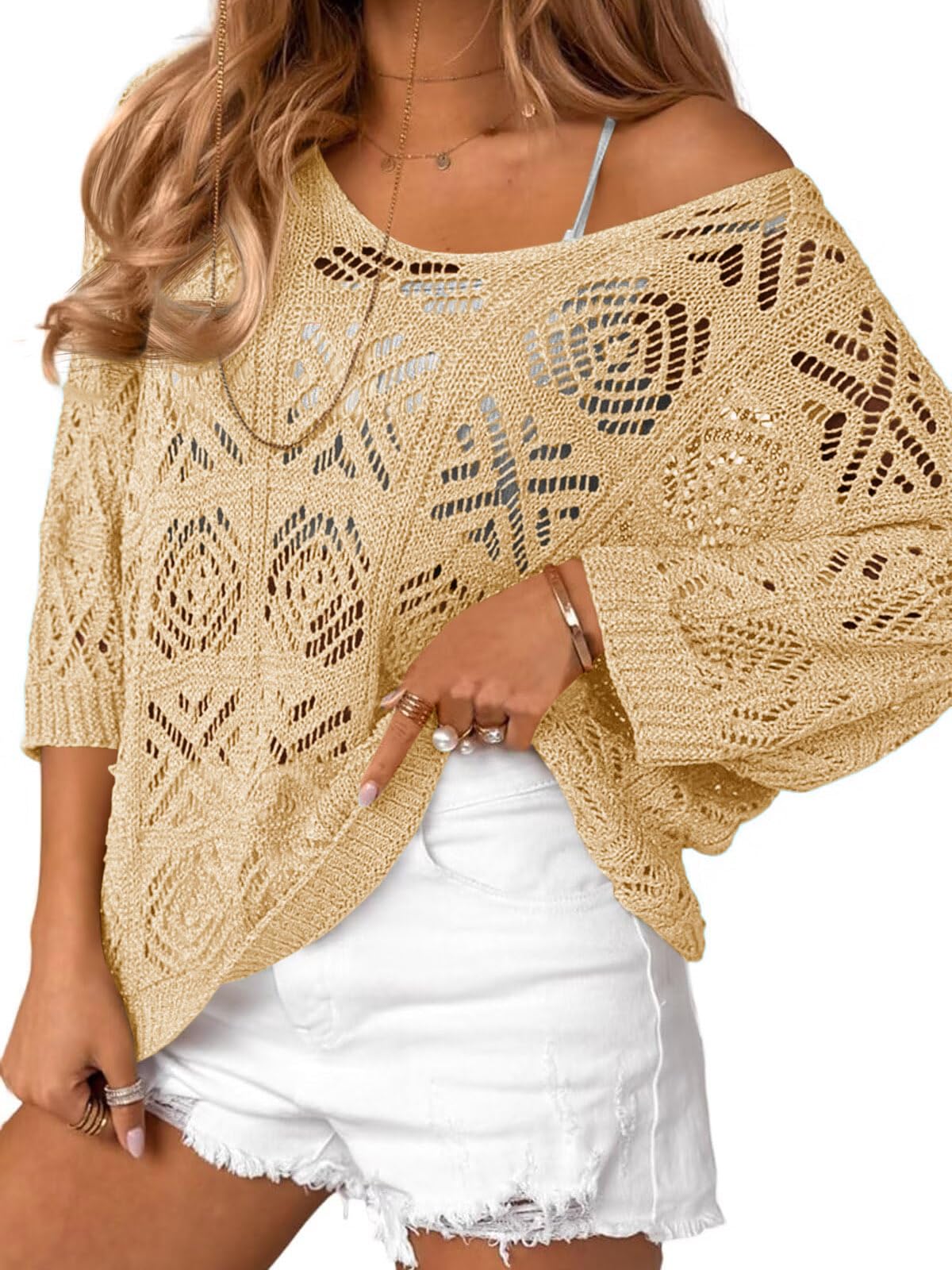 Saodimallsu Womens Crochet Cover Up Top Summer 3/4 Sleeve Off Shoulder Sweater Shirts Mesh Boho Beach Swimsuit Coverup