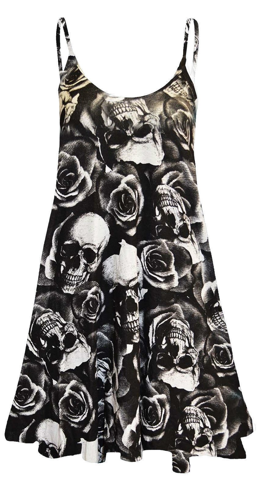 Gostyles Women's Skull Roses Gostyles® Printed Sleeveless Cami Swing Dress, Summer Stretchy Scoop Neck Strappy Flared Tunic Top (, 3XL)