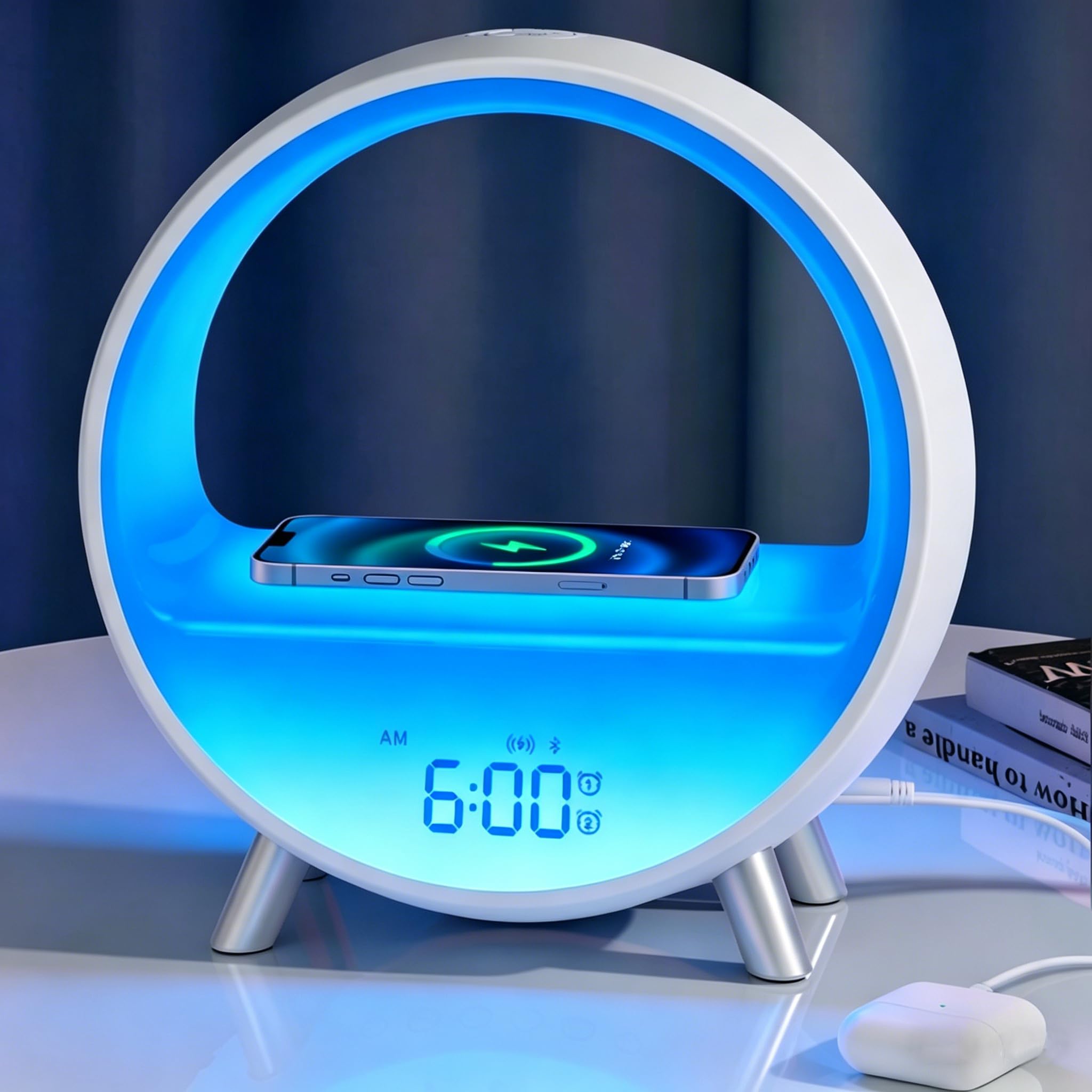MOMILLA Smart Alarm Clock with Wireless Charging Station, Wake up Light w/Bluetooth Speaker, Compatible with Airpods/iPhone, APP Control White Noise Sound Machine, Sunrise Alarm Clocks for Bedrooms