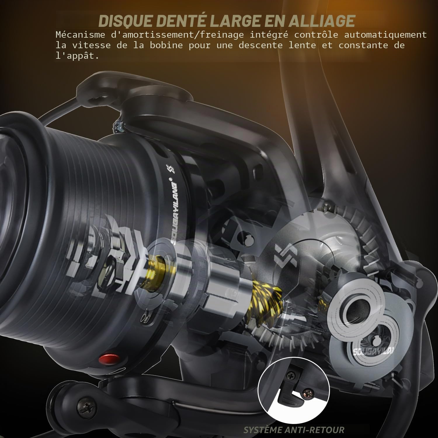 Sougayilang FED5000 Moulinet de pêche Feeder – 13+1 roulements à billes, rapport de transmission 4,7:1, système anti-torsion et rotor équilibré, bobine en aluminium avec bobine de rechange et double