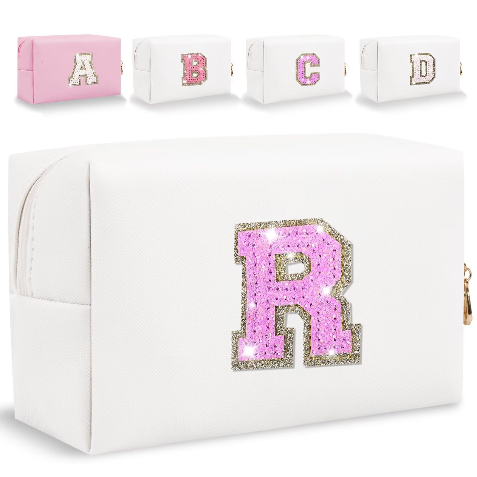 Glitter Initial Letter Makeup Bag, Small Personalized Sequins Letters PU Leather Cosmetic Bag Portable Waterproof Makeup Zipper Pouch, Shine Handbag