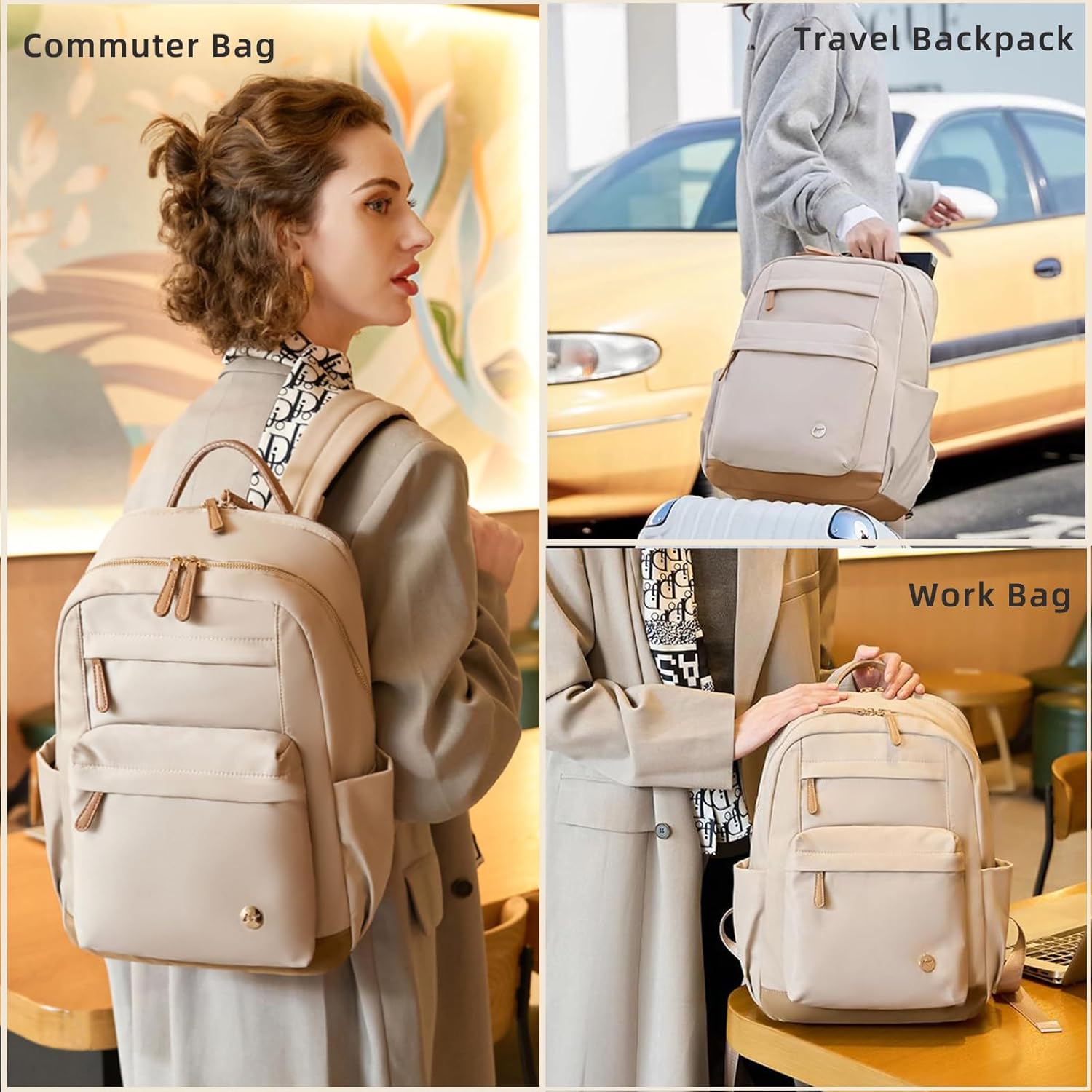 KEBEIXUAN Backpack Purse for Women, Fashion Casual Daypack, Nylon Water Resistant Anti-Theft Shoulder Bag for Daily Use & Work, Travel, Fits 15.6 Inch Laptop, Khaki - Image 7