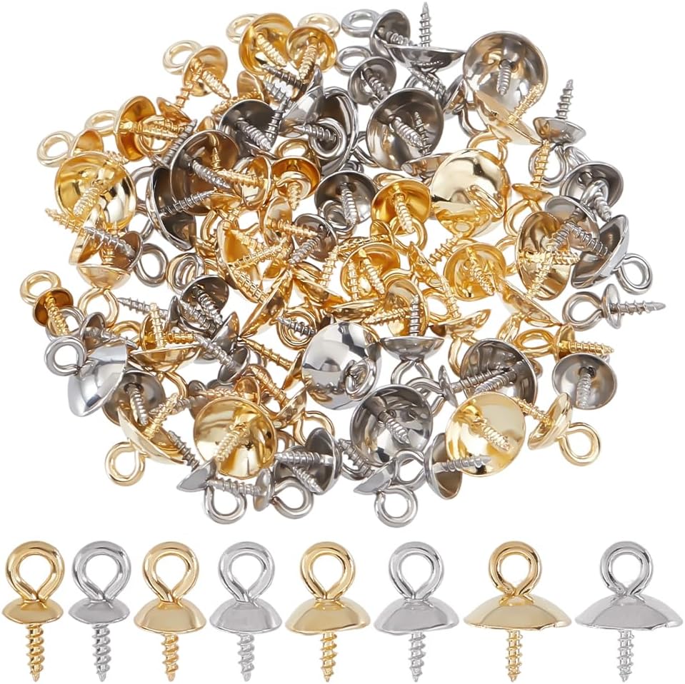 96Pcs Cup Pearl Peg Bails 8 Styles Stainless Steel Screw Eye Pin Bail Caps Pin Pendants for Half Drilled Beads Charm Connectors for Earring Necklace Jewelry Making DIY Craft
