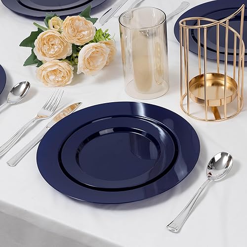 Miniatura 6 de Platos de plástico, 100 platos desechables azules, platos moldeados resistentes con 50 platos de cena y 50 platos de postre, para fiestas, bodas