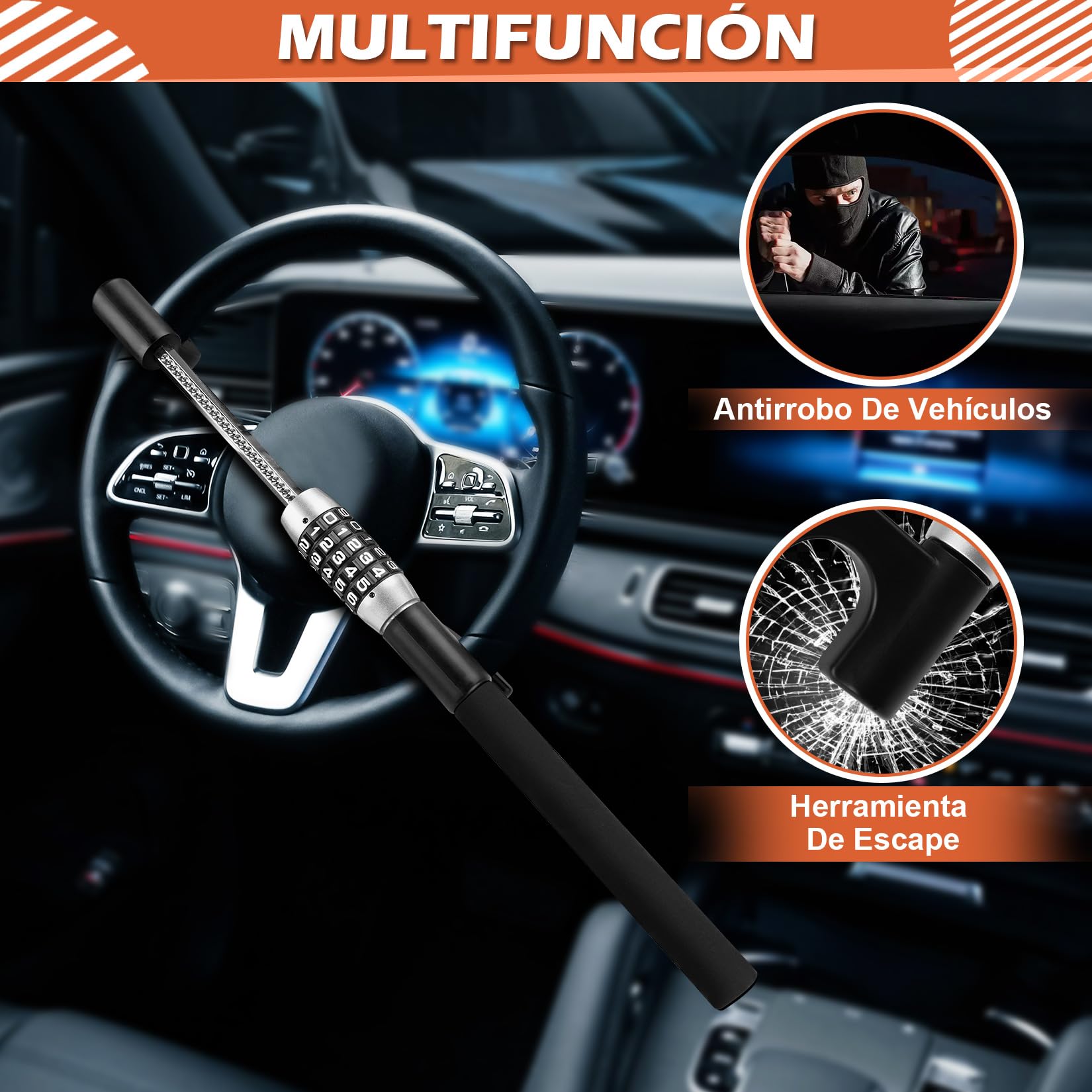 Tevlaphee Barra Antirrobo Coche Reforzada para Volante Código de Contraseña Sin Claves (Negro)