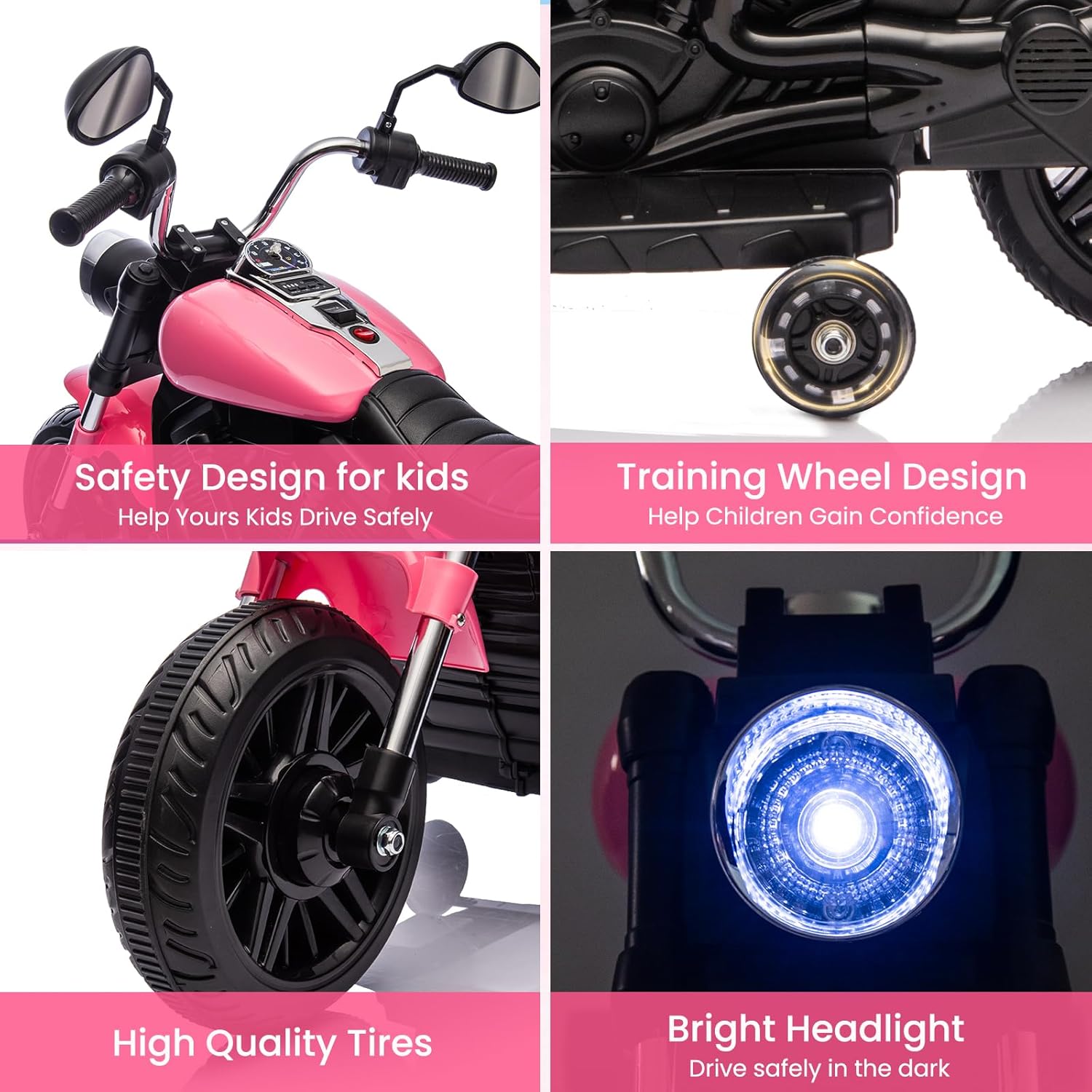 Kids Motorcycle, 12V Battery Powered Electric Motorcycle, 3-Wheel Ride On Motorcycle w/Training Wheels, Reverse, Headlight, Horn, Music, Ride On Toy for Kids Toddler Boys Girls Ages 3-5 Years (Pink