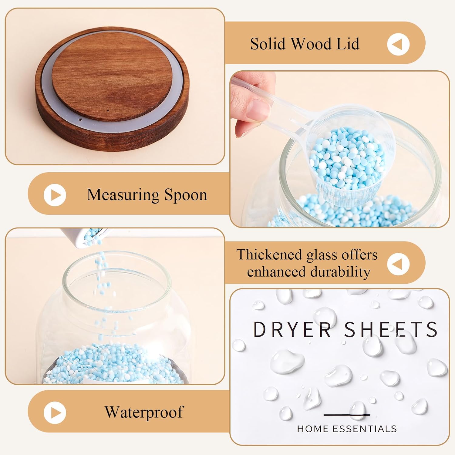 Zhehao 2 Pack Glass Laundry Pods Container with 30 Labels, Scoops, Non Slip Base, Wood Lid, Half Gallon Laundry Detergent Container Powder Containers Canisters Set Laundries Room Organization Jars