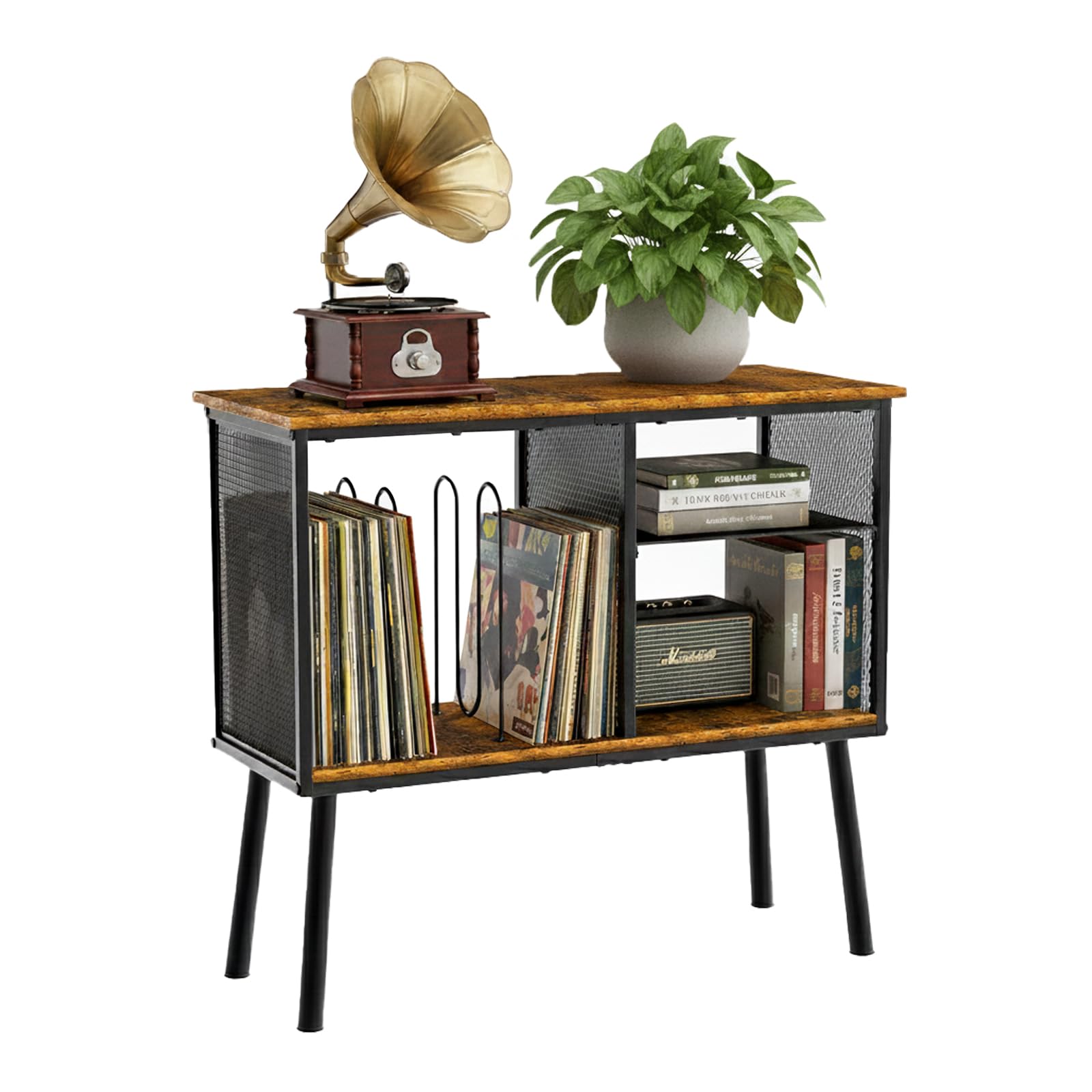 Kryntex Record Player Stand with Adjustable Divider, Vinyl Storage Cabinet Holds up to 200 Records, Mid-Century Turntable Stand with Metal Frame, Vinyl Record Holder Table for Living Room or Bedroom
