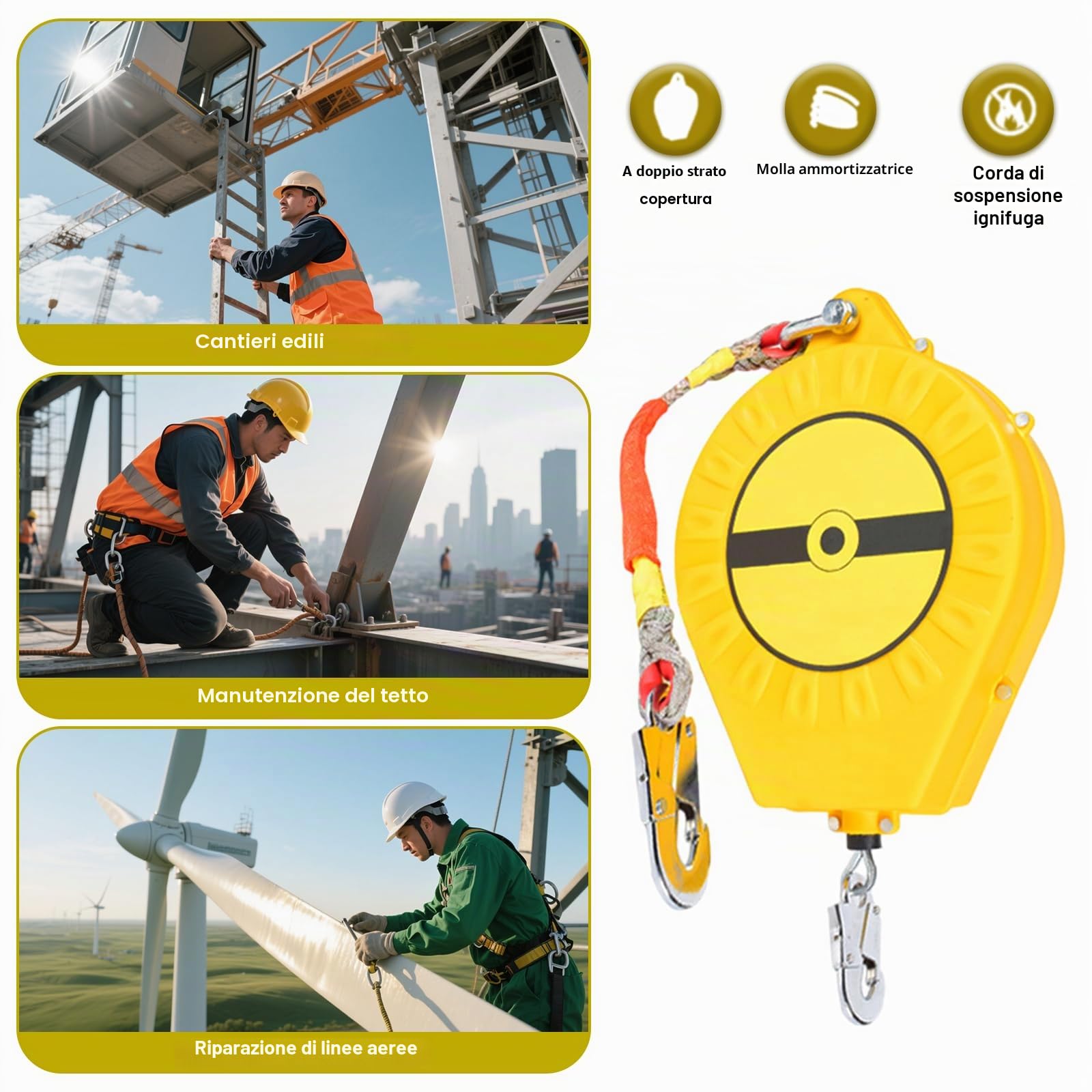 Dispositivo Anticaduta Retrattile Certificato(Giallo,10 Metri) | 150kg Dispositivo Retrattile di Sicurezza Anticaduta con Gancio Autobloccante, Dispositivo Anticaduta Tetto e Lavoro Aereo