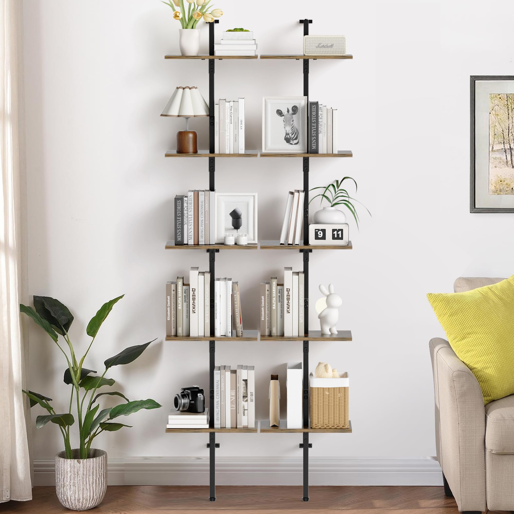 Scaffale a scala, libreria a 5 ripiani in legno a parete con struttura in metallo, organizer aperto vintage, scaffale a scala per soggiorno, camera da letto, ufficio domestico, marrone rustico