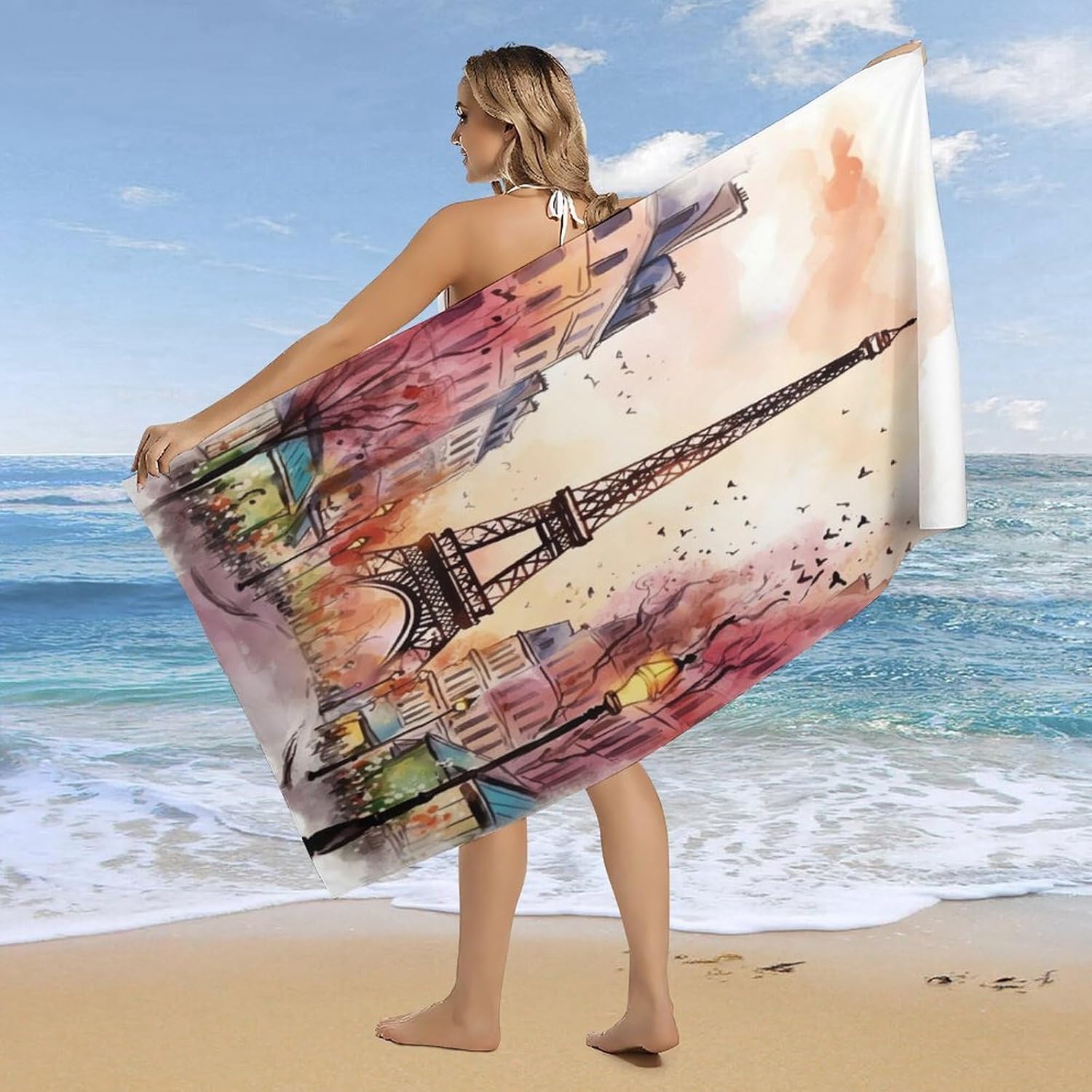 Watercolor Paris Beach Towel Sand Free Quick Dry Absorbent Towels 32 X 63 in, Lightweight Large Travel Towel for Pool, Camping, Yoga, Swimming