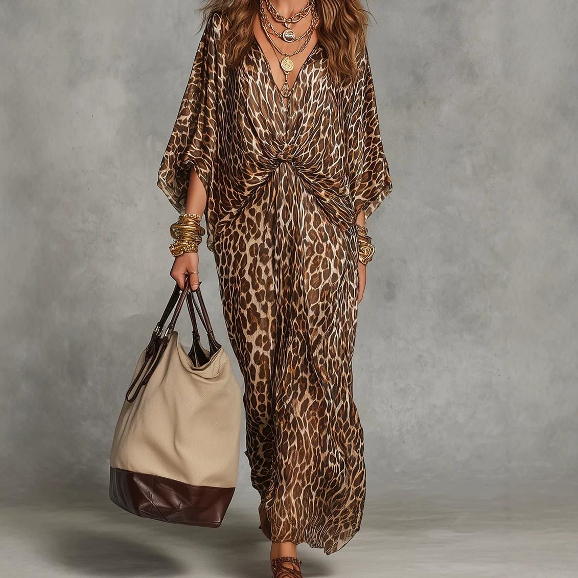 Vestido Largo Plus-Size Cuello V Leopardo Ajustado Mujer
