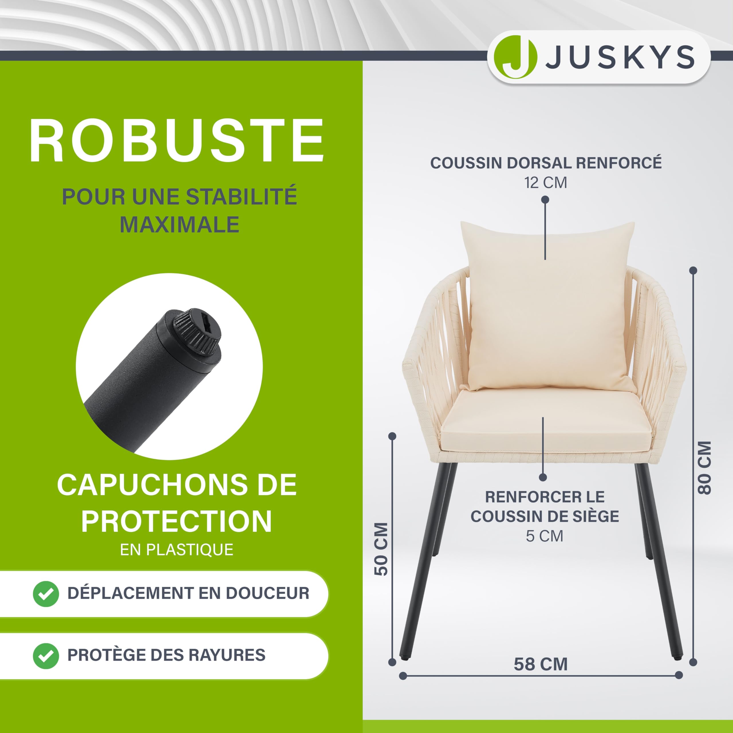 Juskys Chaises de Jardin Rope Lot de 2 - Résistantes aux intempéries - Jusqu’à 160 kg - avec Coussins de Dossier & d’Assise en Polyester - Beige