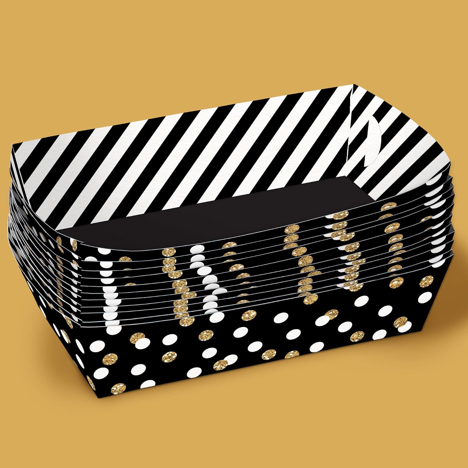 Big Dot of Happiness Black & Gold Party Paper Food Trays, Disposable Food Boats for Kids, Adult Birthday, Picnic, BBQ, Double-Sided Paper Food Holders for Nachos, Hot Dogs, French Fries - 12 Ct image 4