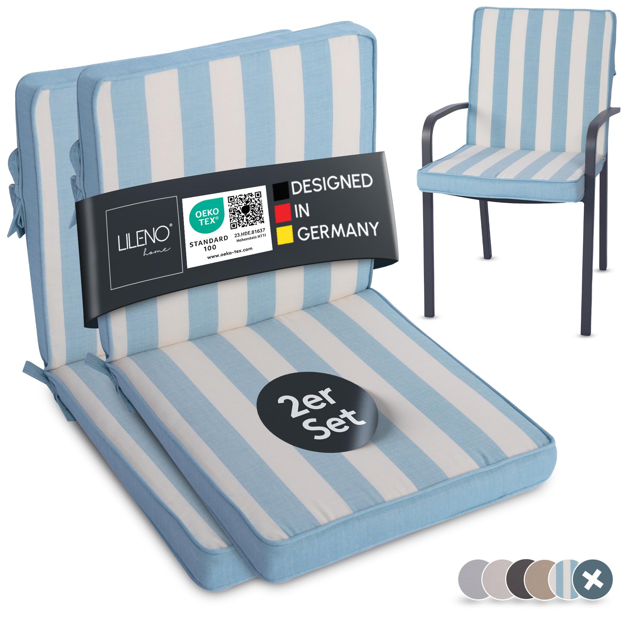 LILENO HOME Gartenstuhl Auflagen als [2er Set - Niedriglehner] in Blockstreifen Aqua - Bequeme Liegen als Sitzauflagen für Gartenmöbel - Stuhlkissen für Gartenstühle und Klappstühle Dub