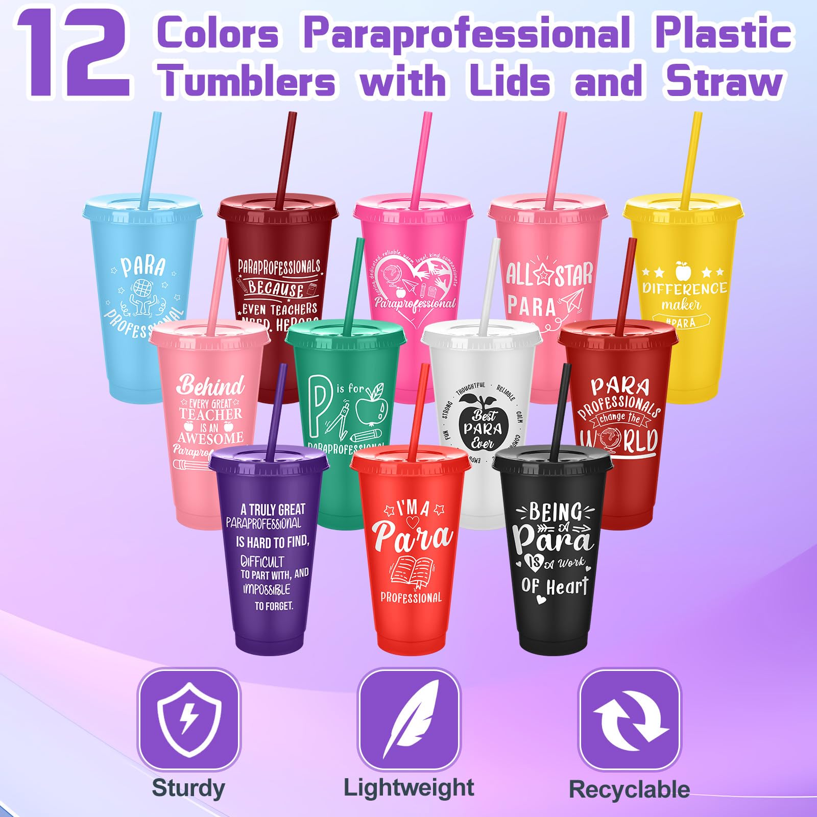 Meanplan 24 Pcs Paraprofessional Appreciation Gifts Bulk 24 oz Plastic Tumbler with Lids and Straws Paraprofessional Thank You Cups Travel Mugs Inspirational Gifts for Coworkers Office Supplies
