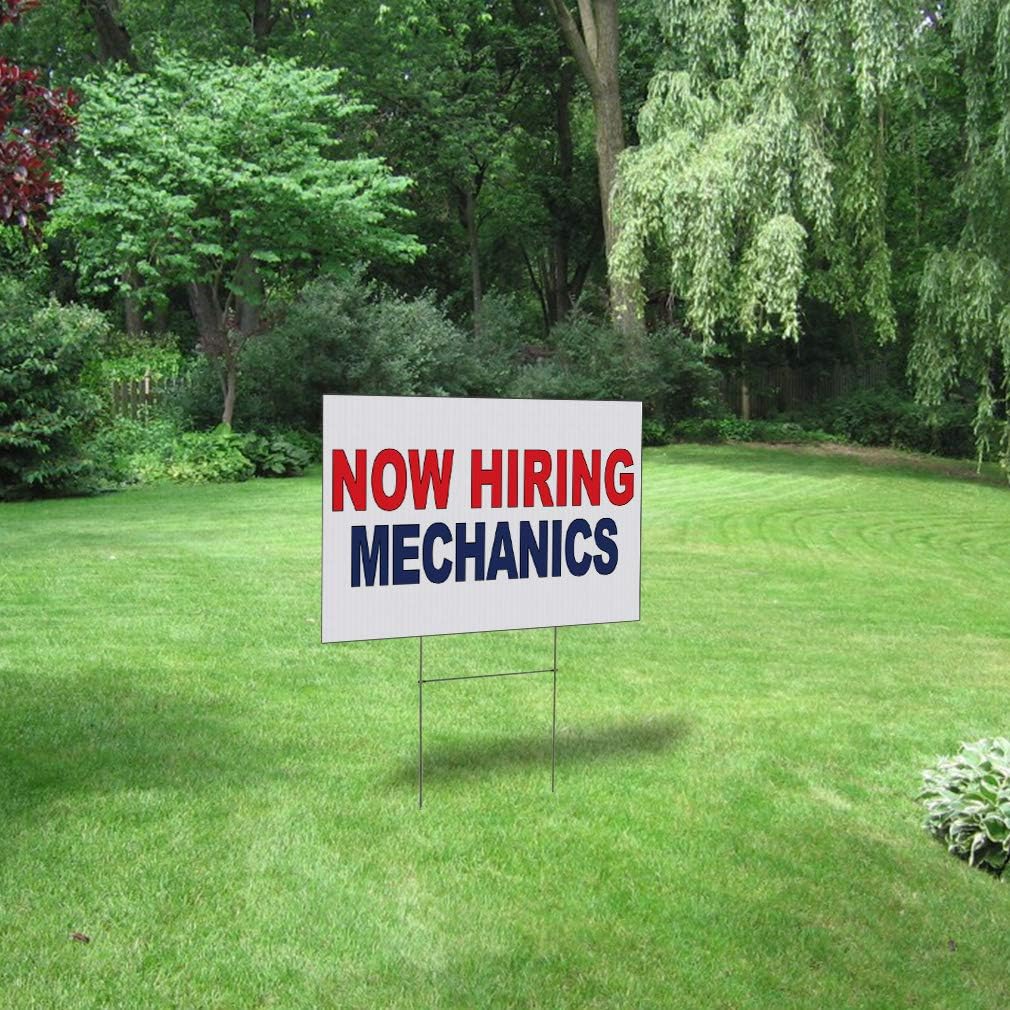 Fastasticdeals Weatherproof Yard Sign Now Hiring Mechanics Red Blue Lawn Garden Employee Recruiting 24x18 Inches 1 Side Print