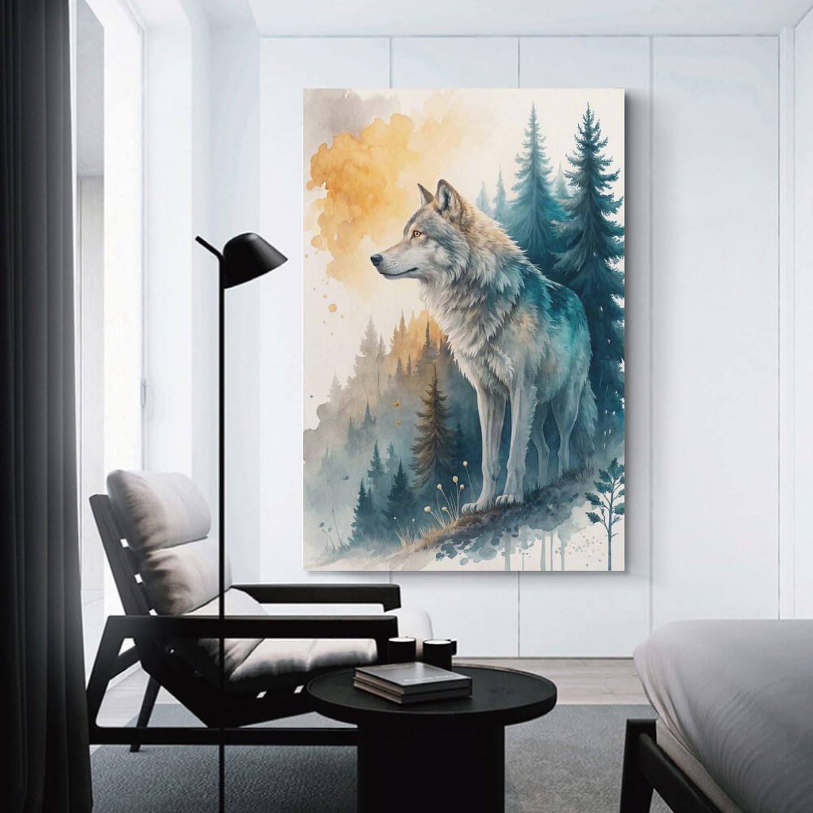 Junmoney Watercolor Wolf in Forest Landscape Hanging Wall Art 24x36inch(60x90cm), for Small Homes, Bedrooms Or Open Spaces, An Easy Choice for New Home Styling