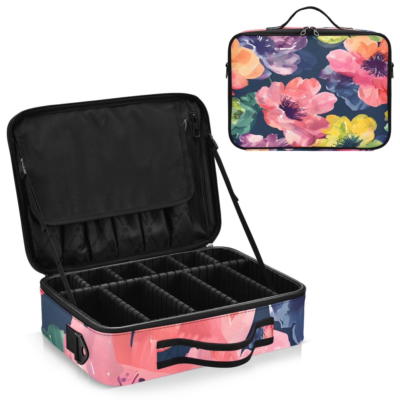 zyrtty Travel Makeup Train Case Watercolor Flowers Pattern Cosmetic Organizer Portable Storage Bag with Adjustable Dividers for Cosmetics Brushes Toiletry Jewelry Digital Accessories