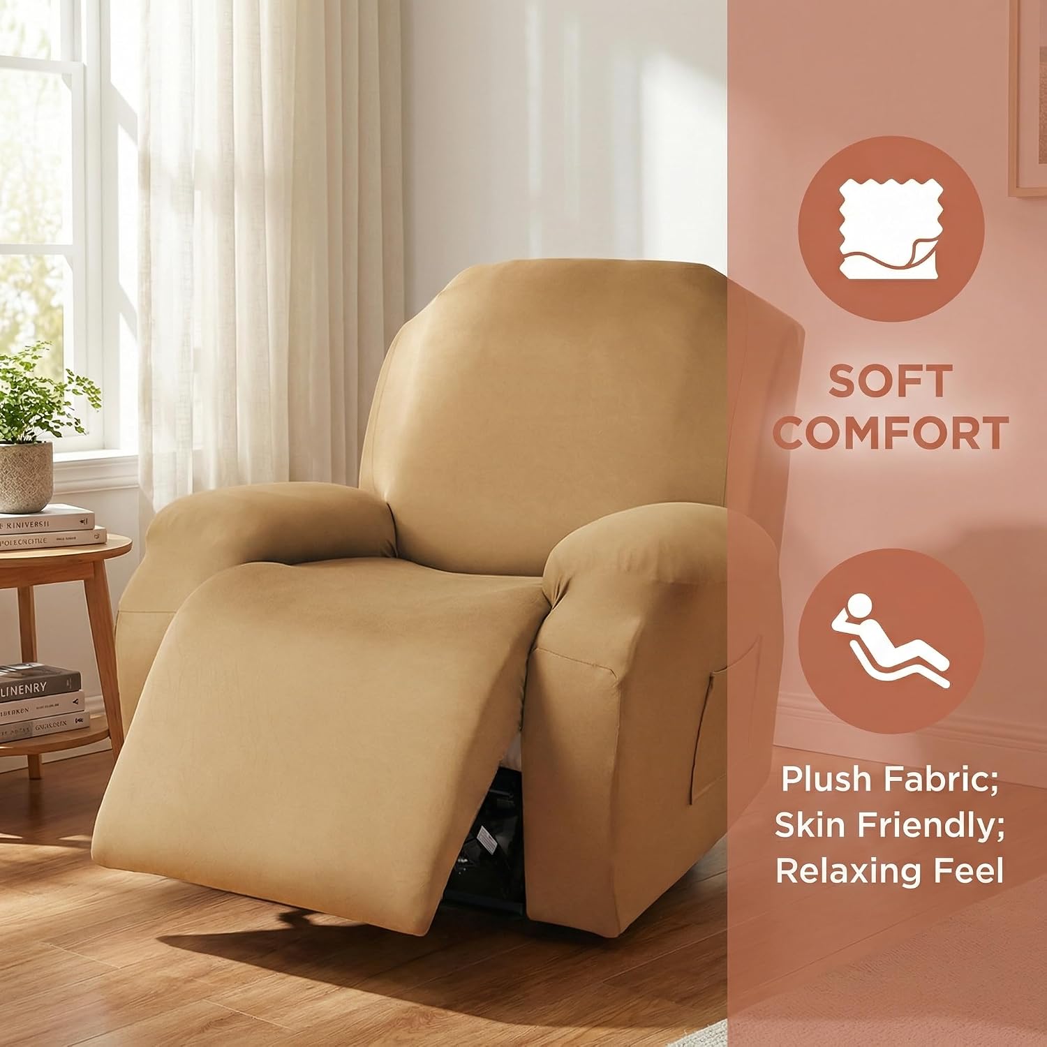 4-Pieces Recliner Chair Covers, Stretch Sofa Slipcover Sofa Cover, Anti-Slip Furniture Protector Couch Cover Milk Silk Soft Elastic Spandex Cover for Kids Cats Dogs (Camel, Recliner)