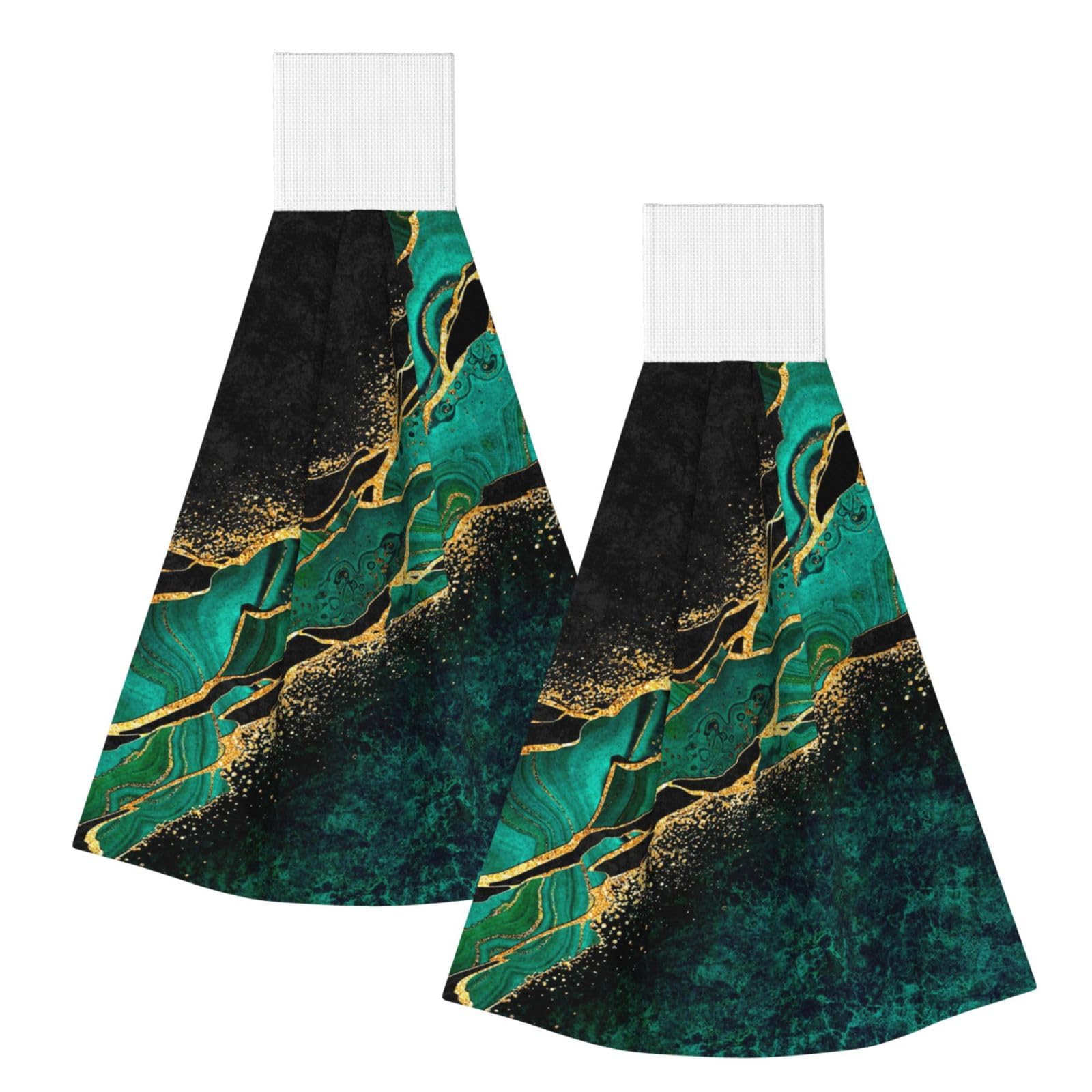 DOPKLNA Black Teal Marble Green Malachite With Golden Veins Gold Spots, 2 Pcs Hanging Coral Fiber Hand Towels for Bathroom, Absorbent Kitchen Towels