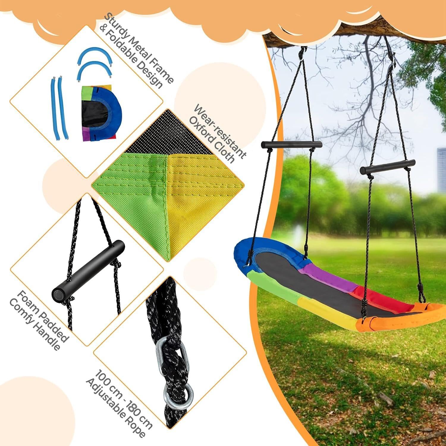 RELAX4LIFE Columpio Nido con Altura Regulable 100-160cm, Columpio Exterior con Reposabrazos y Marco de Acero para Niños y Adultos, Columpio Jardín con 4 Lazos, Carga 150kg (Multicolor)