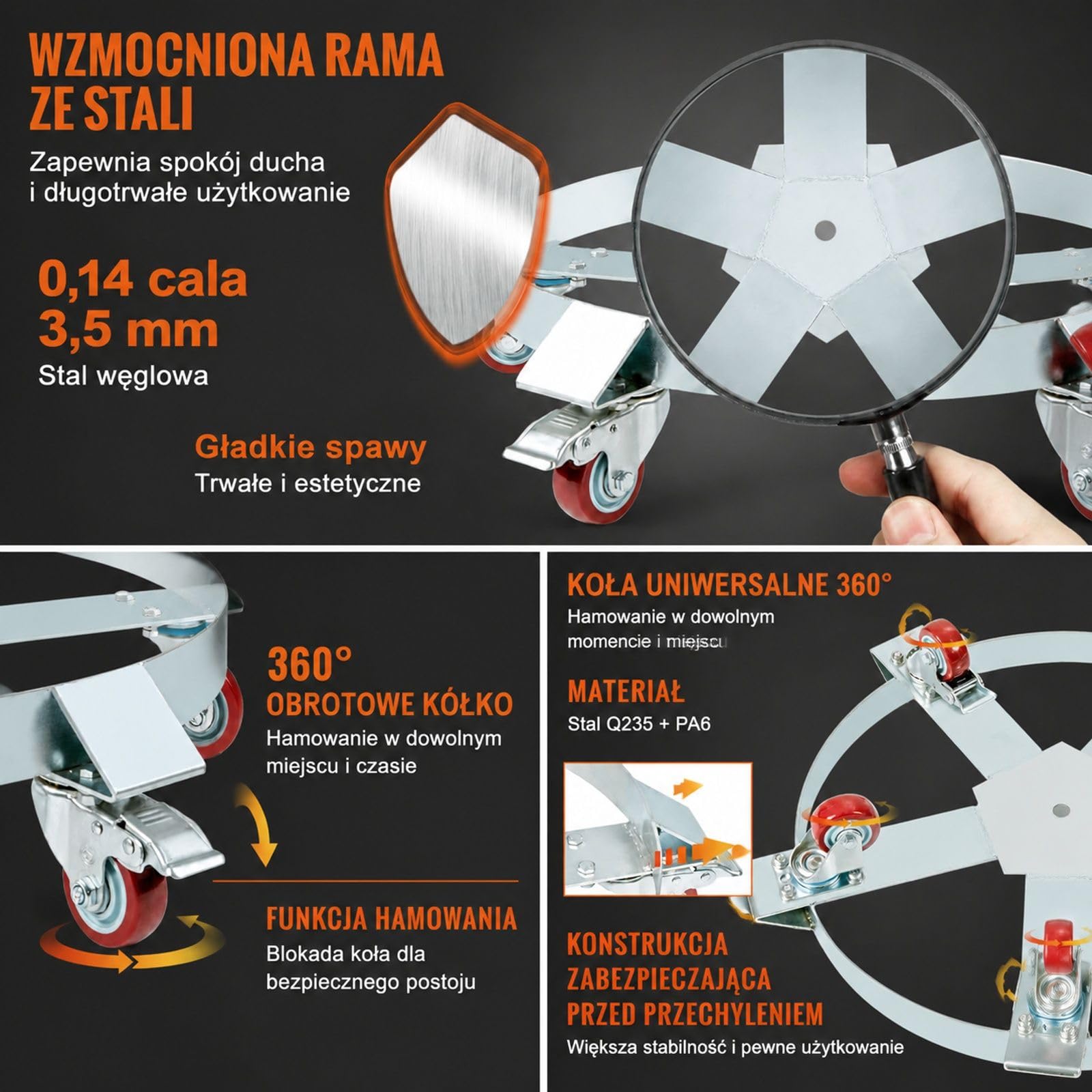 Mobilna podstawa wózkowa 250 l ze stali węglowej, 5 kół obrotowych, 2 hamulce, srebrny