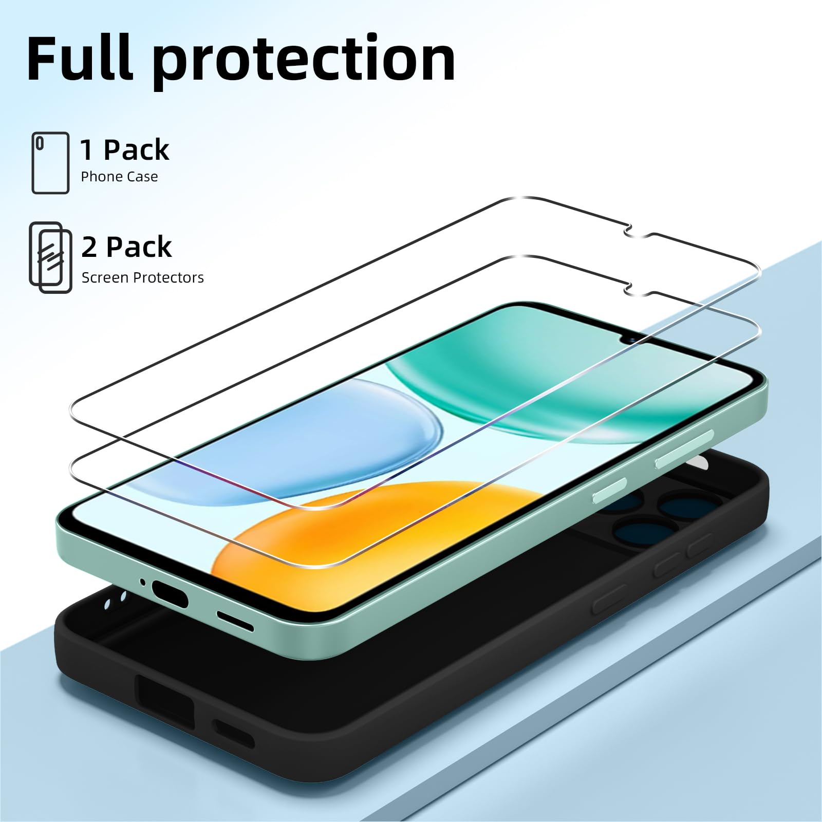 ZhuoFan Cover Compatibile con HONOR X5c Plus con 2 Pezzi Pellicola Vetro Temperato, Gomma Gel di Silicone Liquida Antiurto Anti-Scratch Custodia - Nero