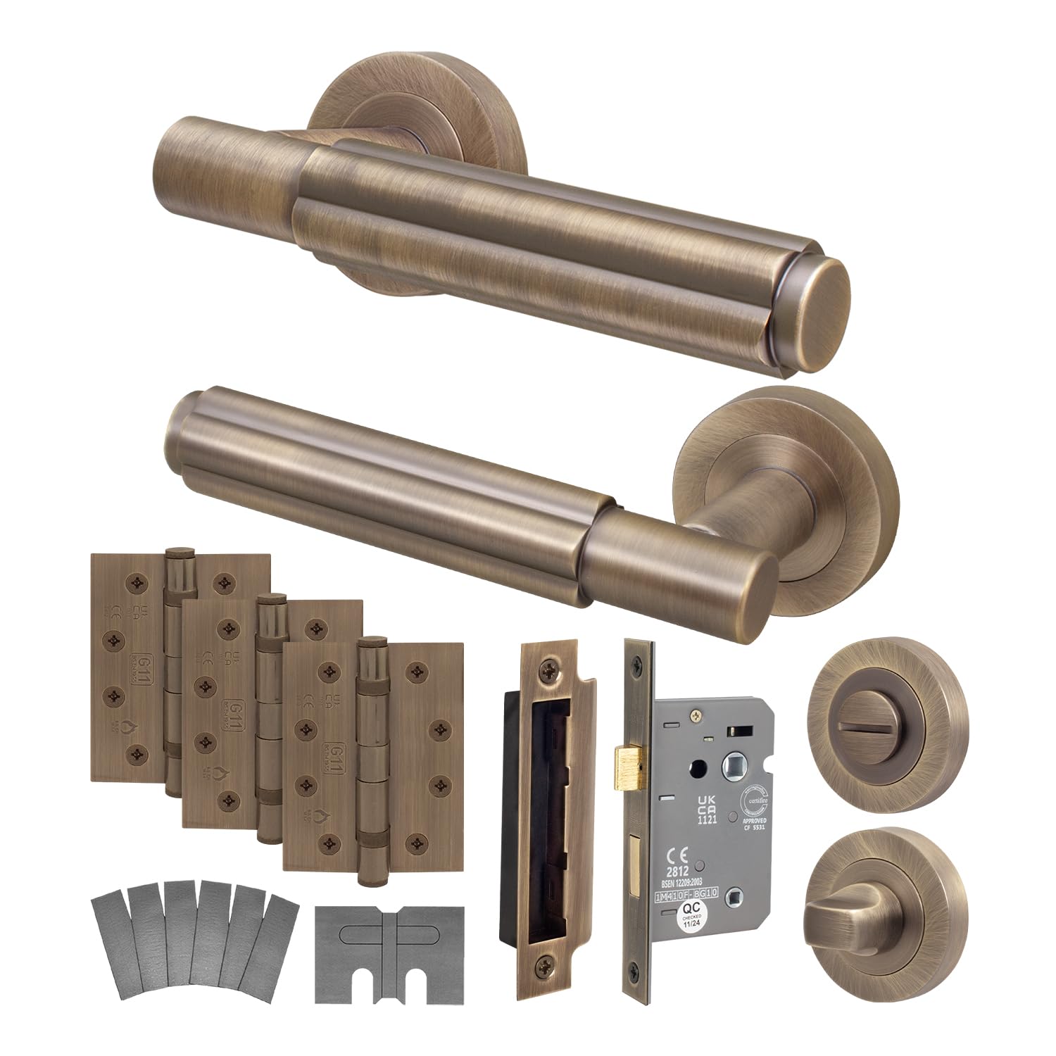 Eai Antique Brass Fire Door Handle Bathroom Set, Internal Fire Rated Door Handle With 80Mm Bathroom Lock And 102Mm Hinges, Flora Range 1 Pack