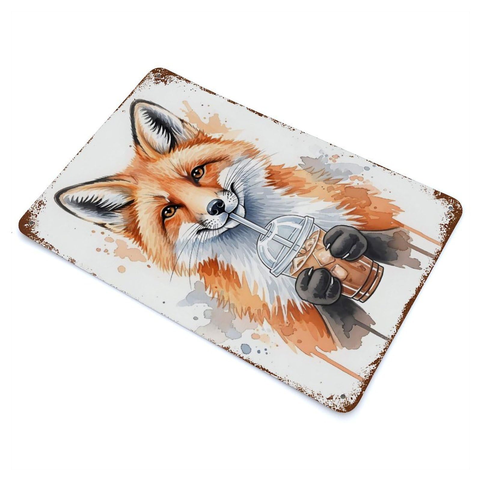 Rust Effect Fox Watercolor Drinking Iced Coffee Rusty Metal Tin Sign 11.8"x7.9", Rustic Home Decor for Bistro, Counter And Cafe Decor