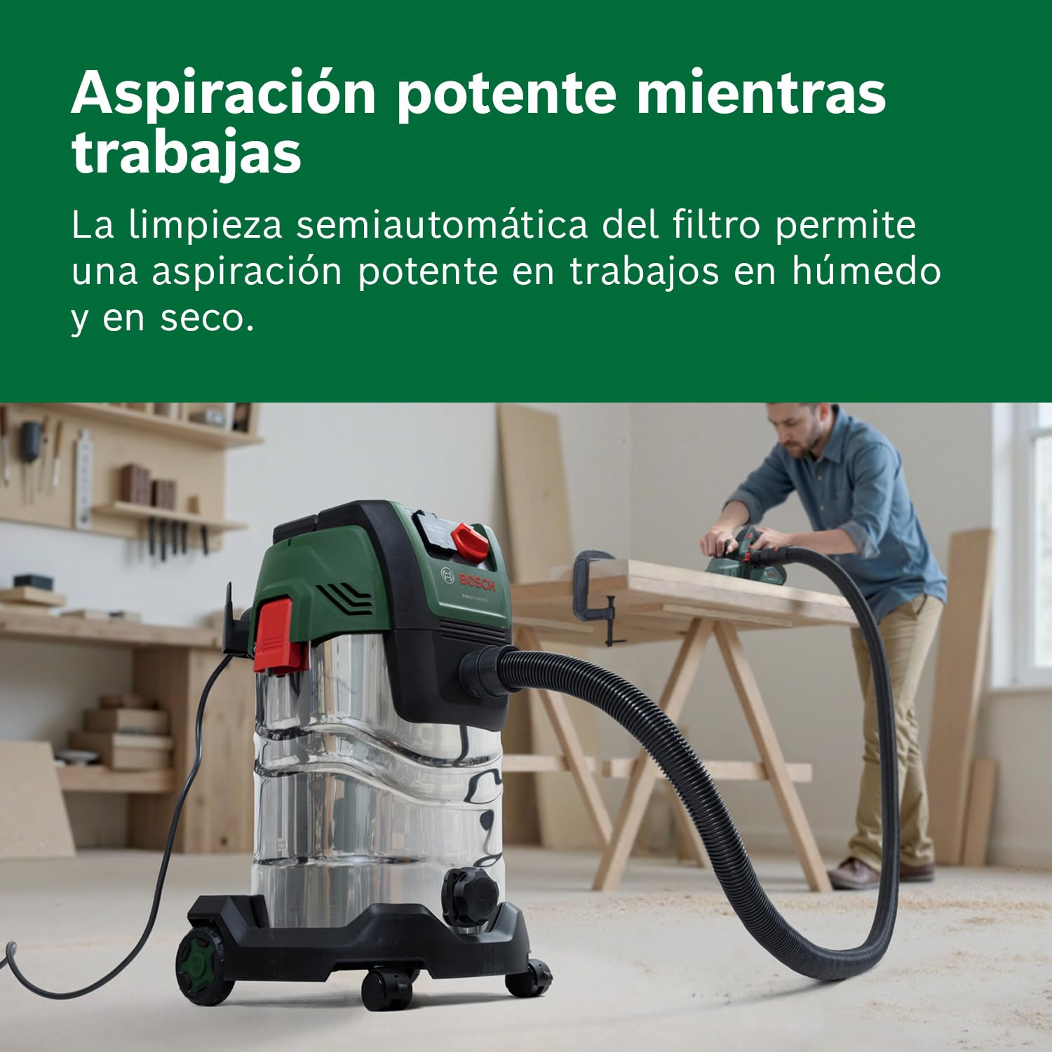 Bosch Aspirador en seco y húmedo PAS30-240PRS (Tubos de extensión, Manguera de 2,2 m, Tubo Flexible/acodado, boquillas para Suelos y Ranuras, Filtro Plisado Plano (HEPA), Mando)
