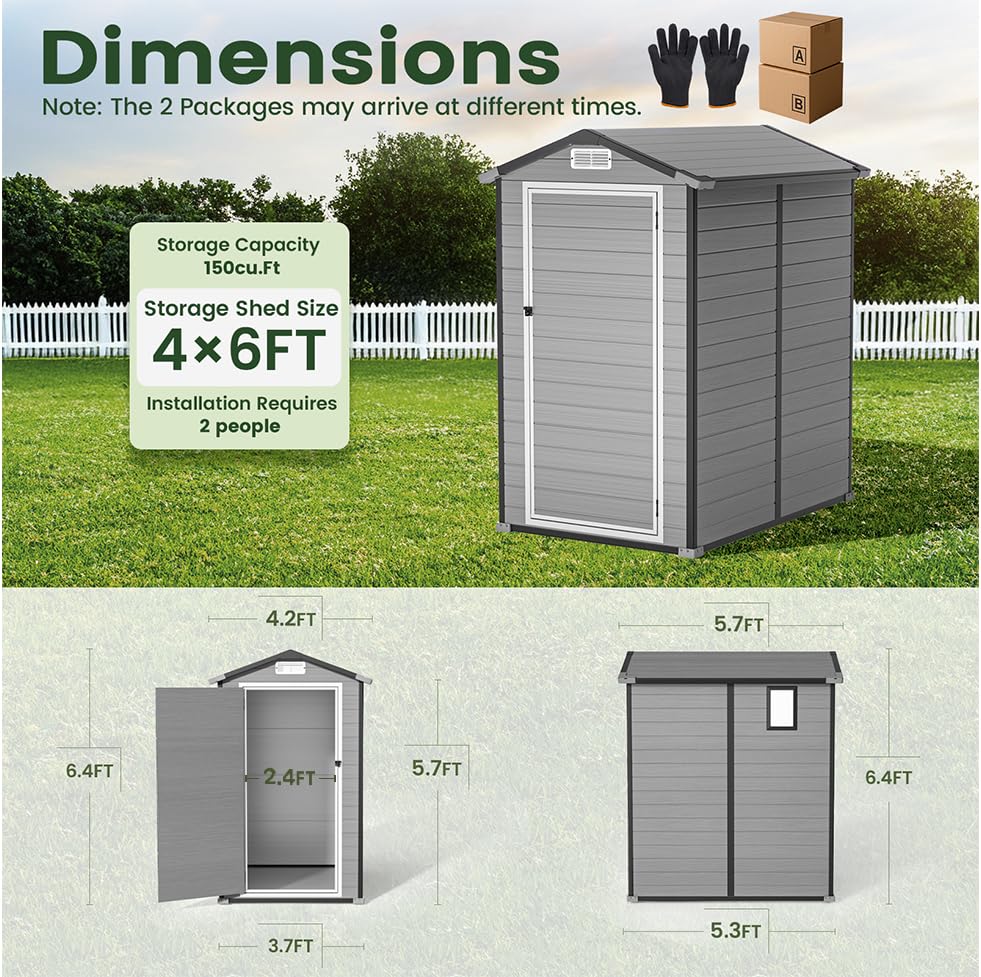 Image of GVDV 4x6FT Outdoor Resin Plastic Storage Shed with Reinforced Floor, All-Weather Plastic Shed with Lockable Door, Window, Waterproof Tool Storage for Backyard, Garden, Patio, Tool Storage
